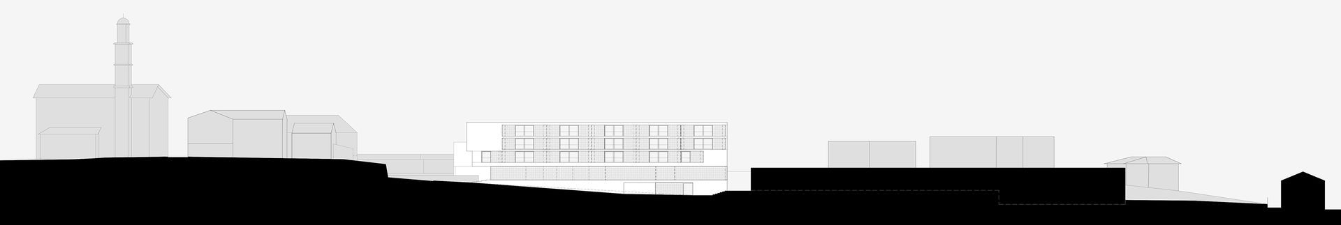 Silhouette in bianco e nero dello skyline di una città con edifici e una torre sullo sfondo di un cielo bianco.