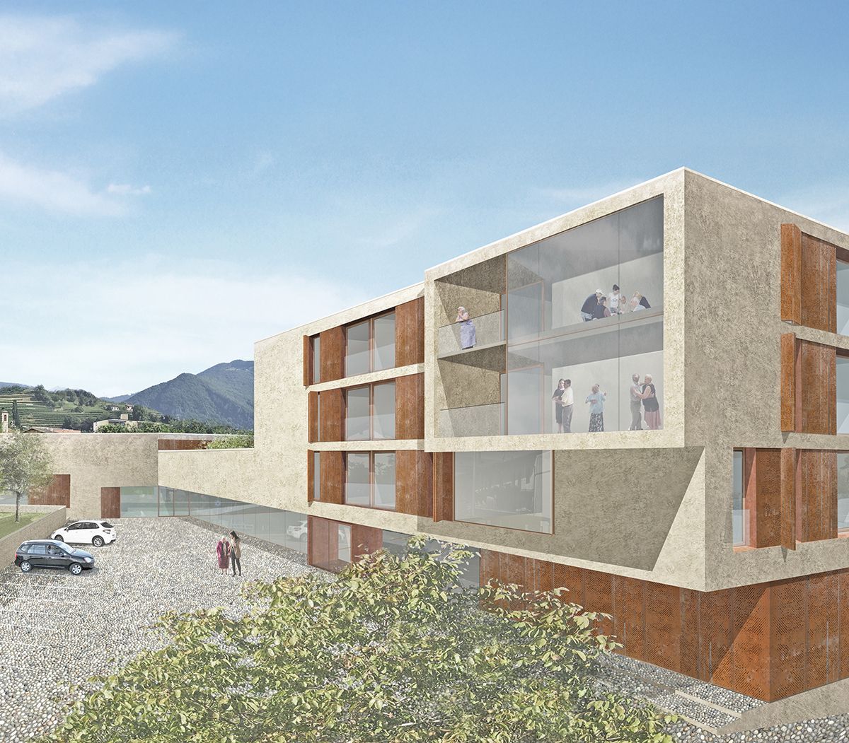 Edificio moderno a più piani con grandi finestre e facciata color cuoio, auto nel parcheggio, gente che cammina.