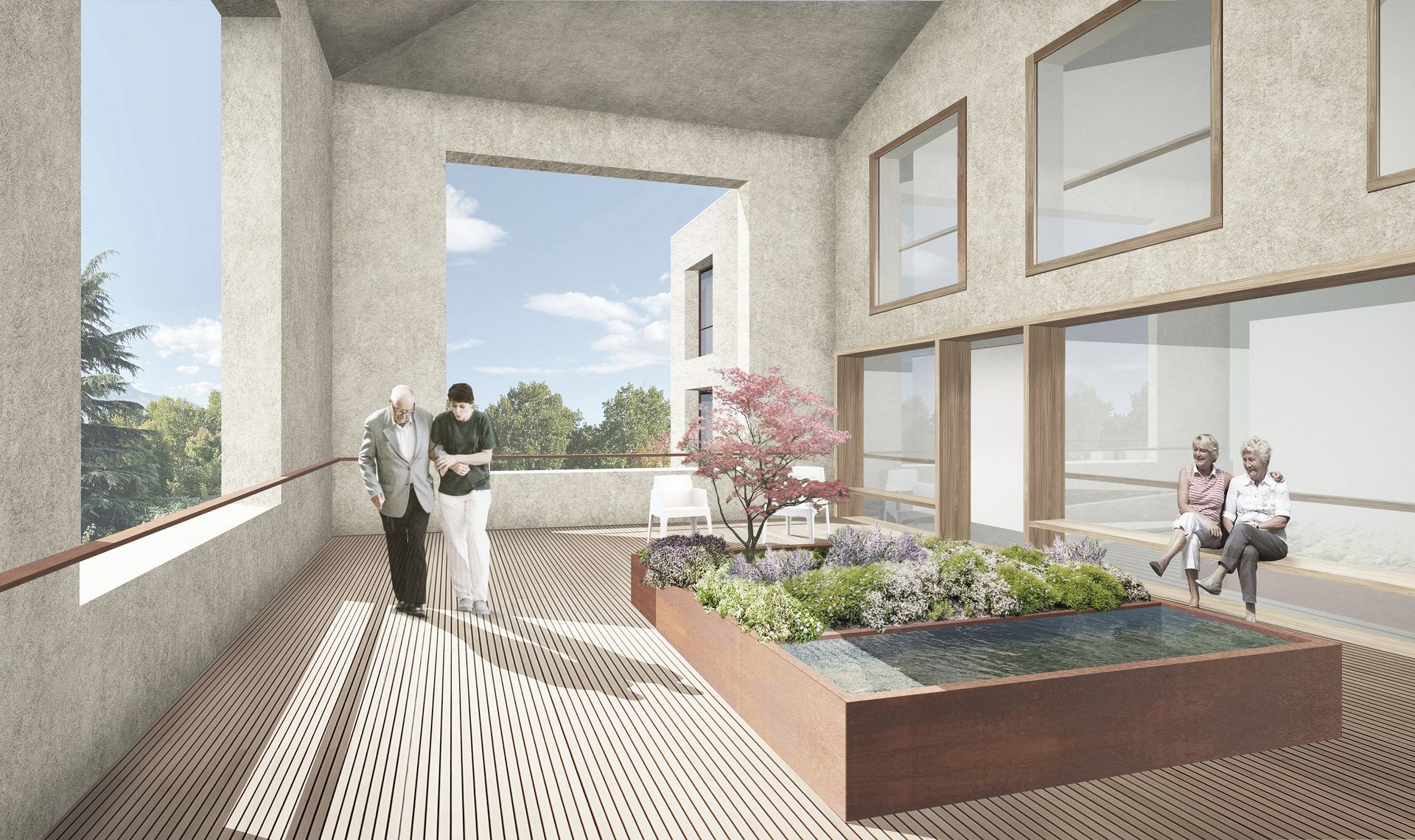 Rendering degli interni di un edificio con persone, una fontana e grandi finestre che si affacciano su un cortile.