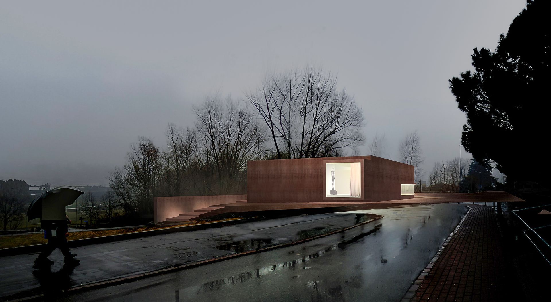 Edificio moderno in una giornata piovosa. Una persona con l'ombrello passa davanti. Struttura marrone con interni illuminati.