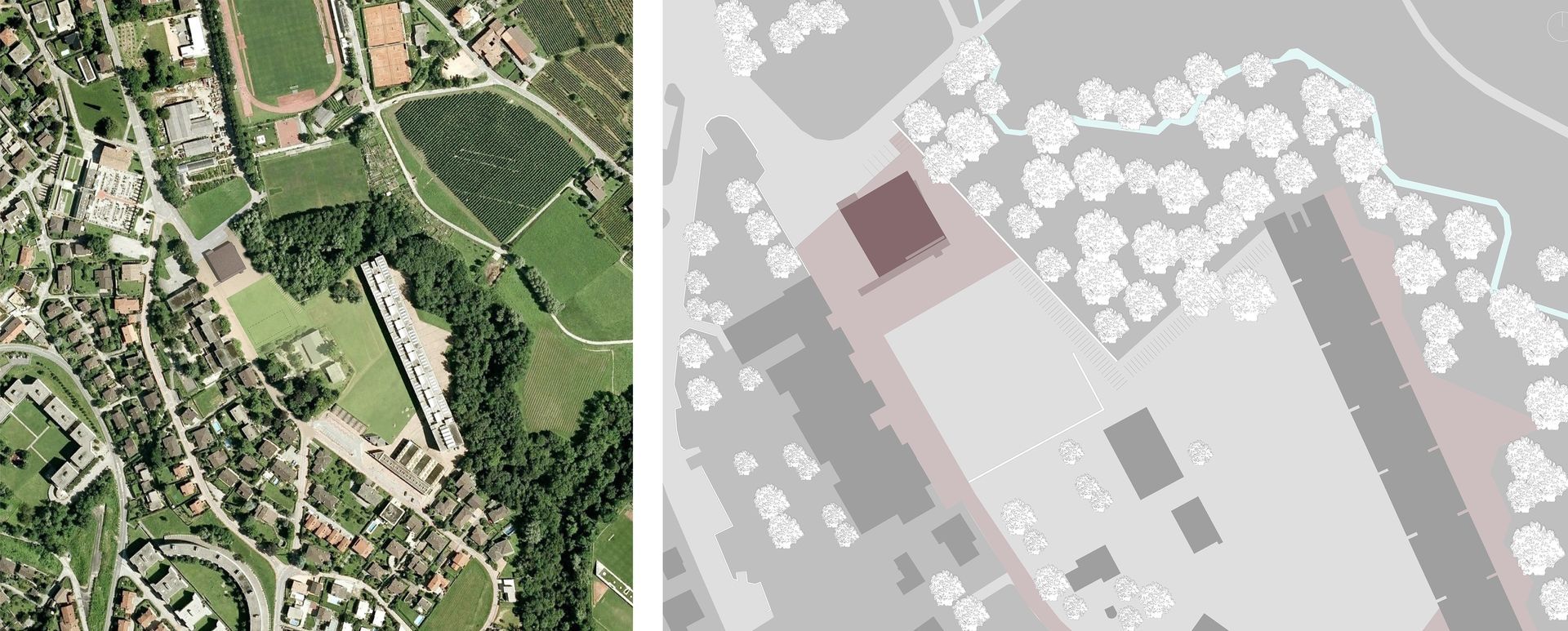 Vista aerea: una città e una mappa semplificata di un'area con edifici e alberi.