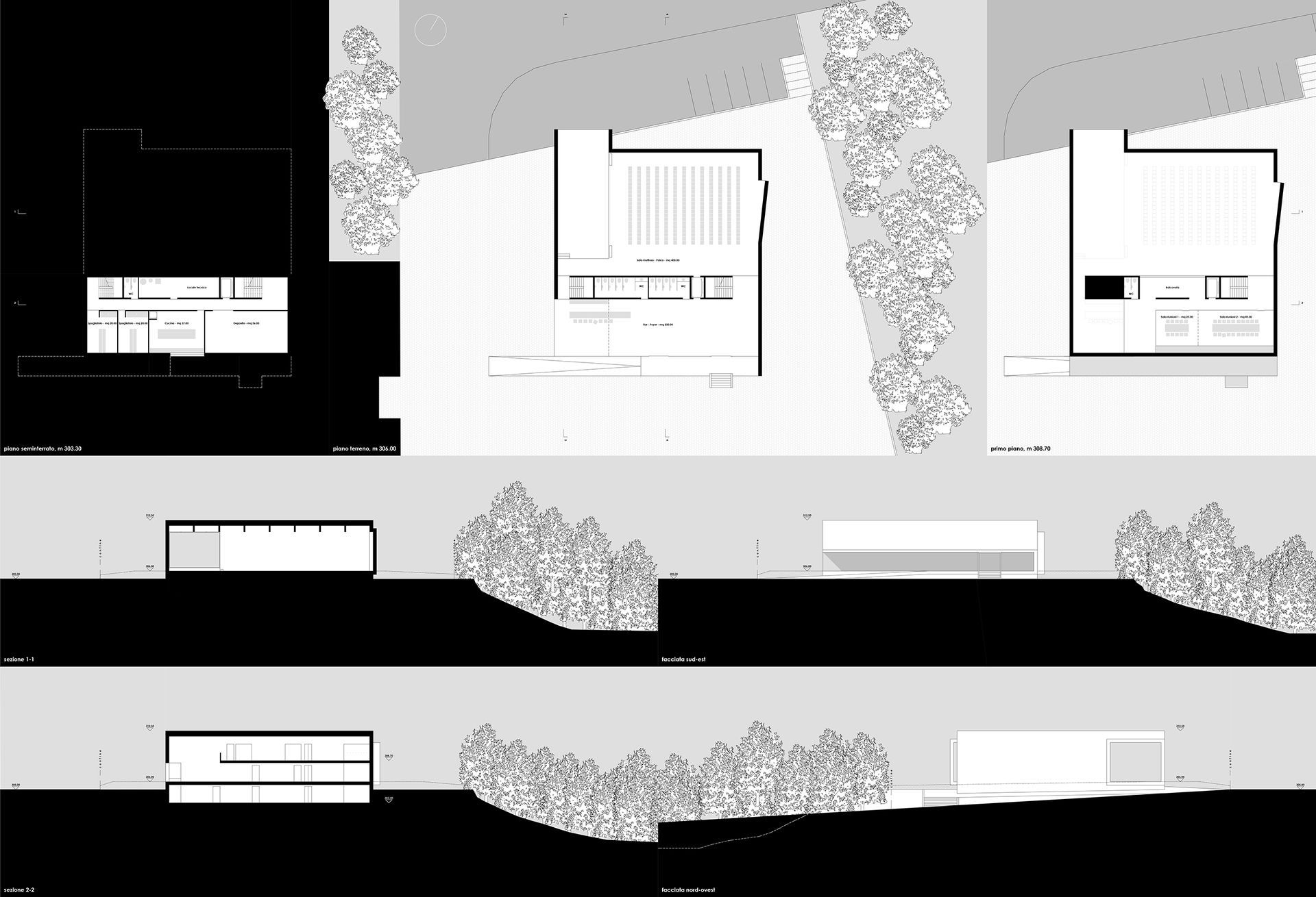 Piante e sezioni di un edificio con alberi e terreno circostanti, rappresentati in bianco e nero.