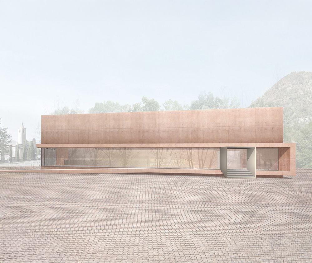 Edificio moderno con tetto lungo e piatto e pareti in vetro, in un ambiente neutro e sabbioso.