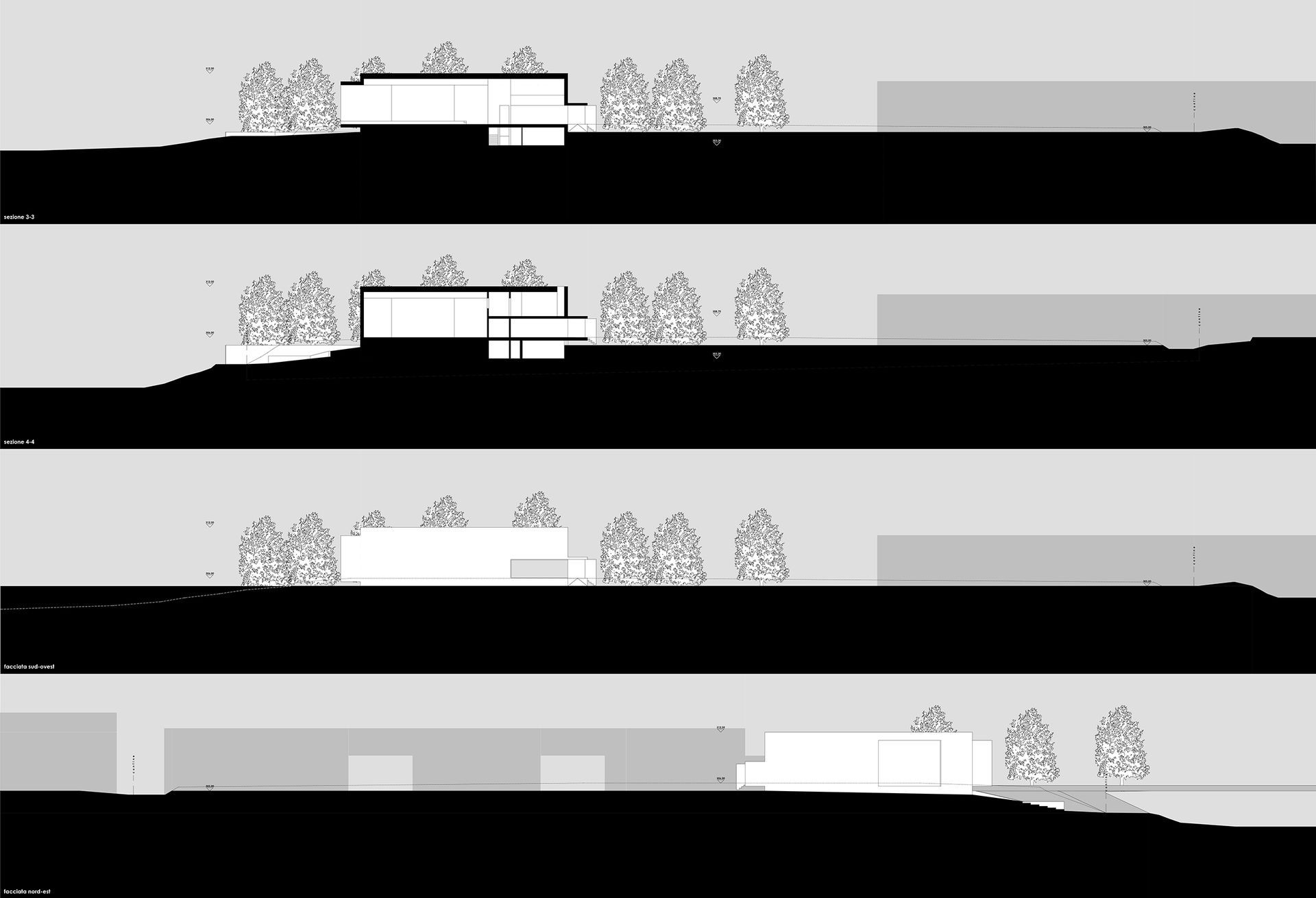Prospetti e sezioni architettonici di un edificio moderno su un paesaggio in pendenza e alberi.