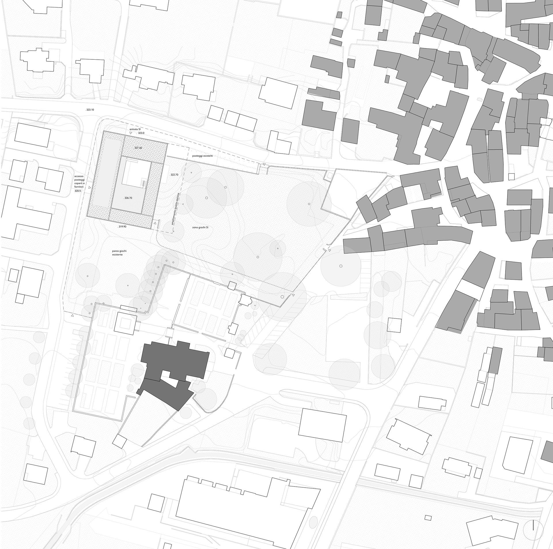 Mappa architettonica con edifici e infrastrutture in scala di grigi.