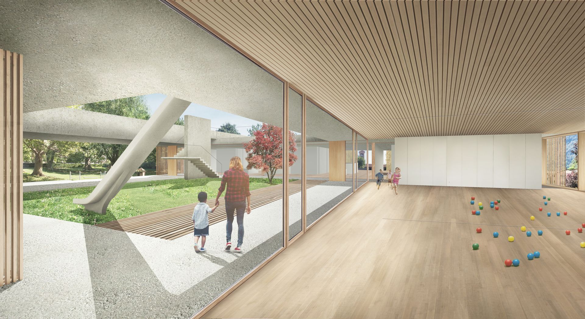 Vista interna di un edificio moderno con pavimento in legno e passerella frequentata.