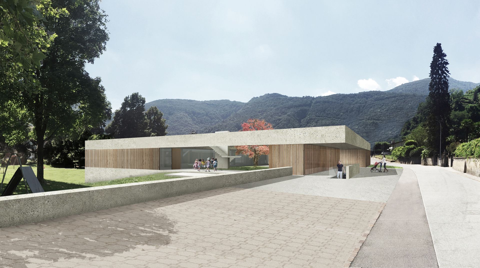 Edificio moderno con rivestimento in legno e muro in pietra, montagne sullo sfondo. Persone sedute all'esterno.