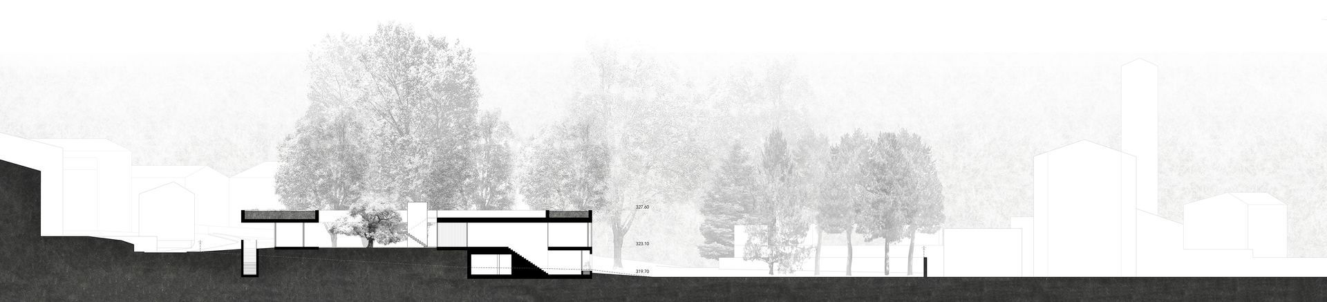 Vista in sezione architettonica che mostra un edificio in mezzo agli alberi, in un contesto naturale.