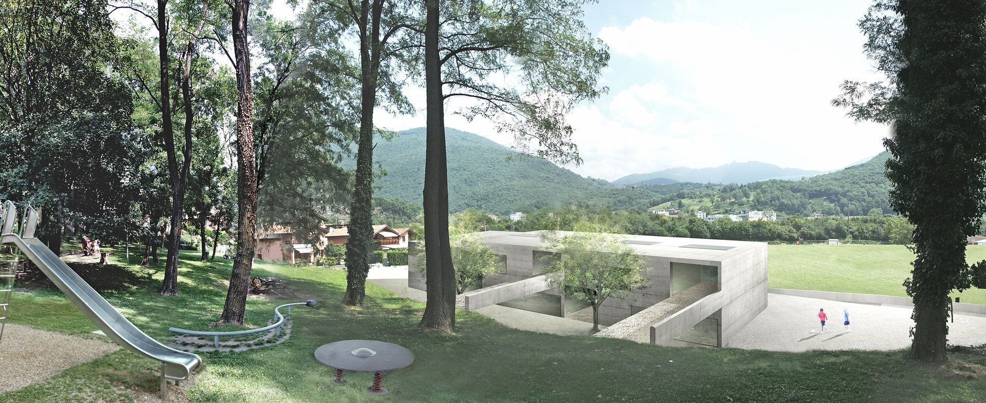 Parco giochi con scivolo, alberi, edificio moderno e montagne sullo sfondo. Tre bambini giocano.