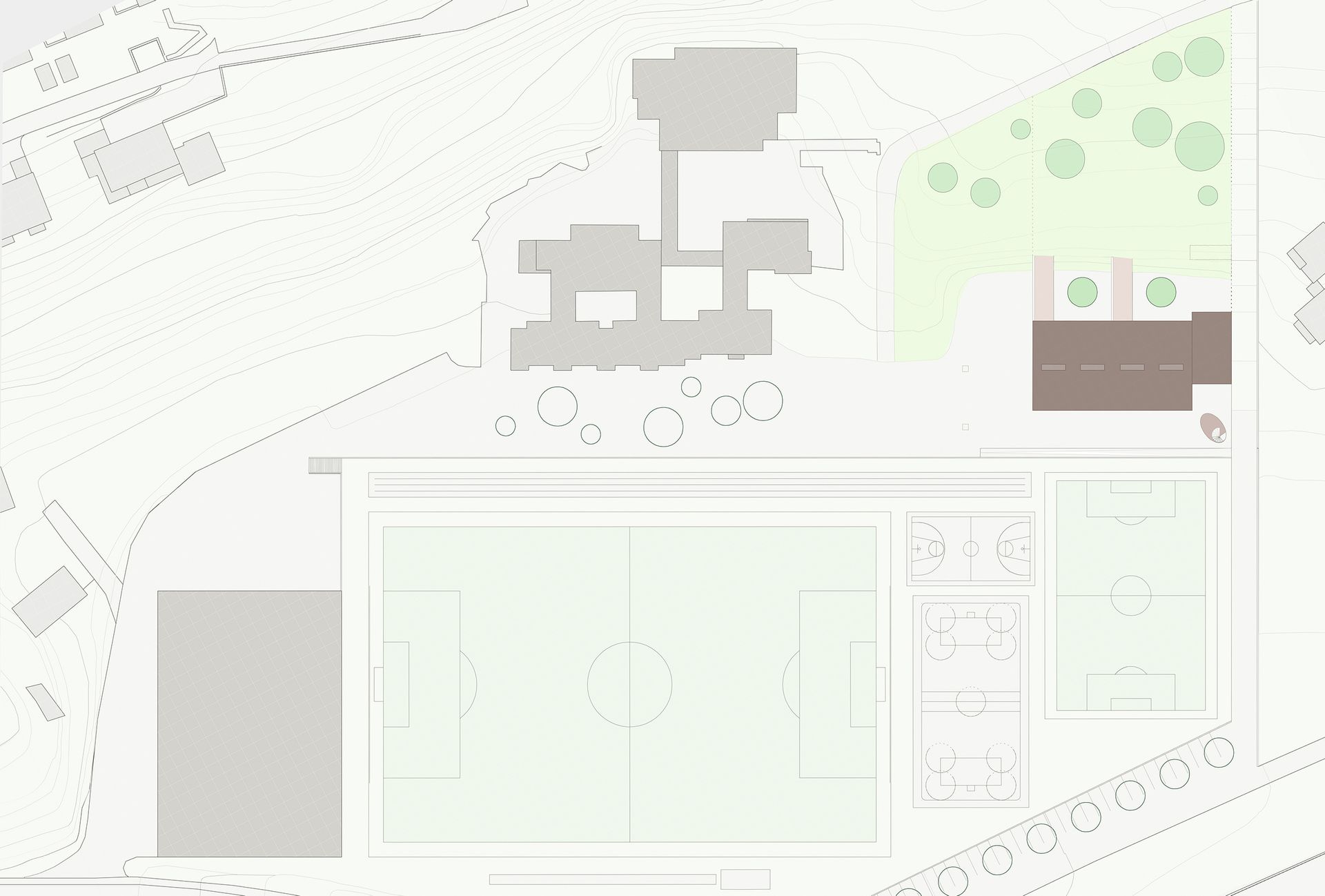 Vista dall'alto di un complesso sportivo con un grande campo, edifici e vegetazione circostante, in tonalità di grigio.