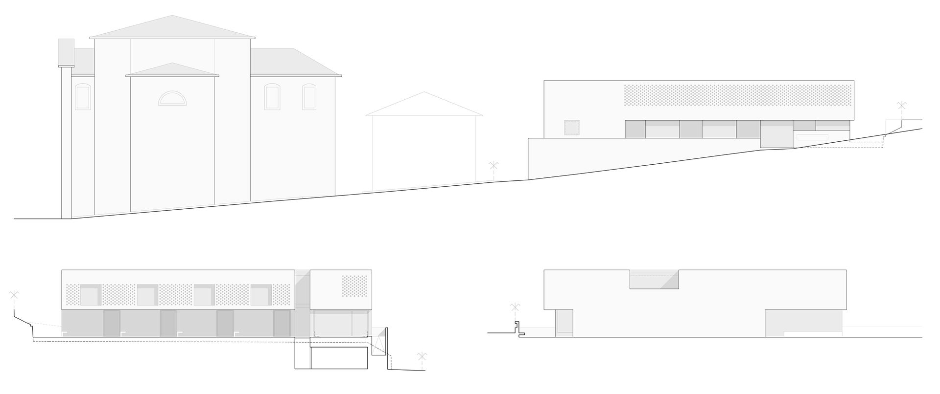 Disegni architettonici di edifici, vista laterale. Gli edifici presentano diverse tipologie di tetti e finestre.