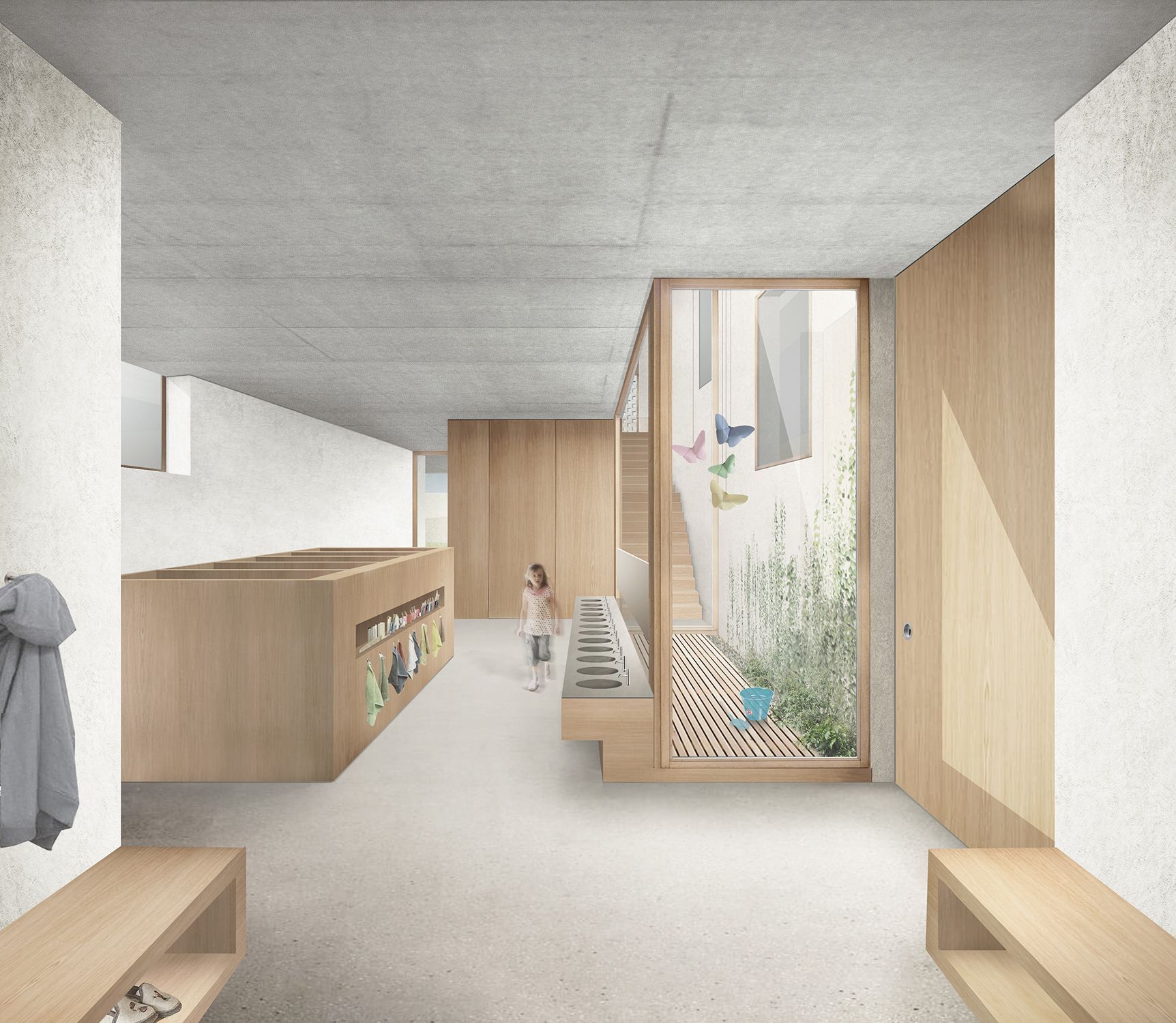 Corridoio interno di una scuola con elementi in legno e un bambino piccolo visibile vicino a una finestra.