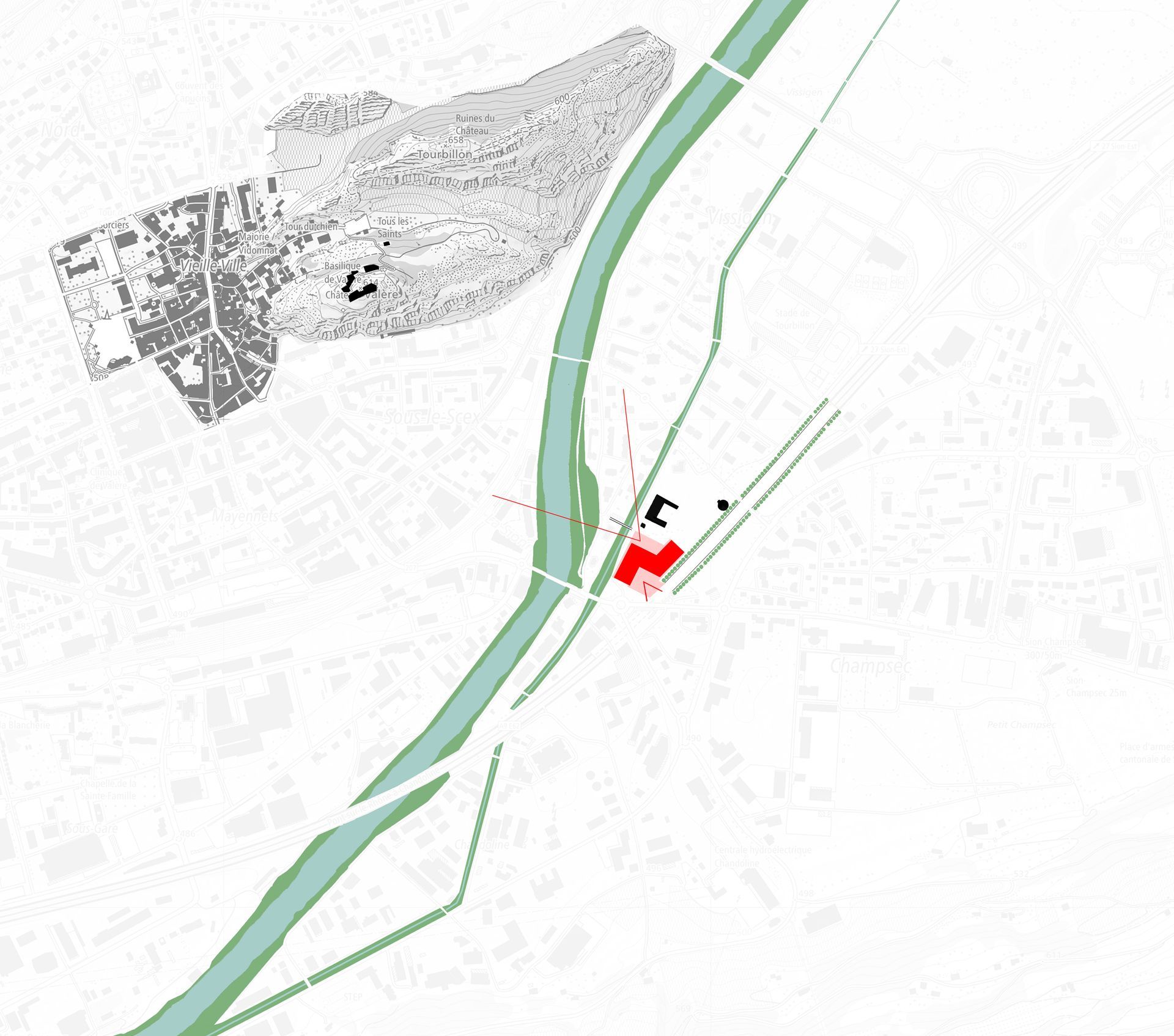 Mappa di una città, con un fiume e gli edifici circostanti. Edifici rossi vicino al fiume.