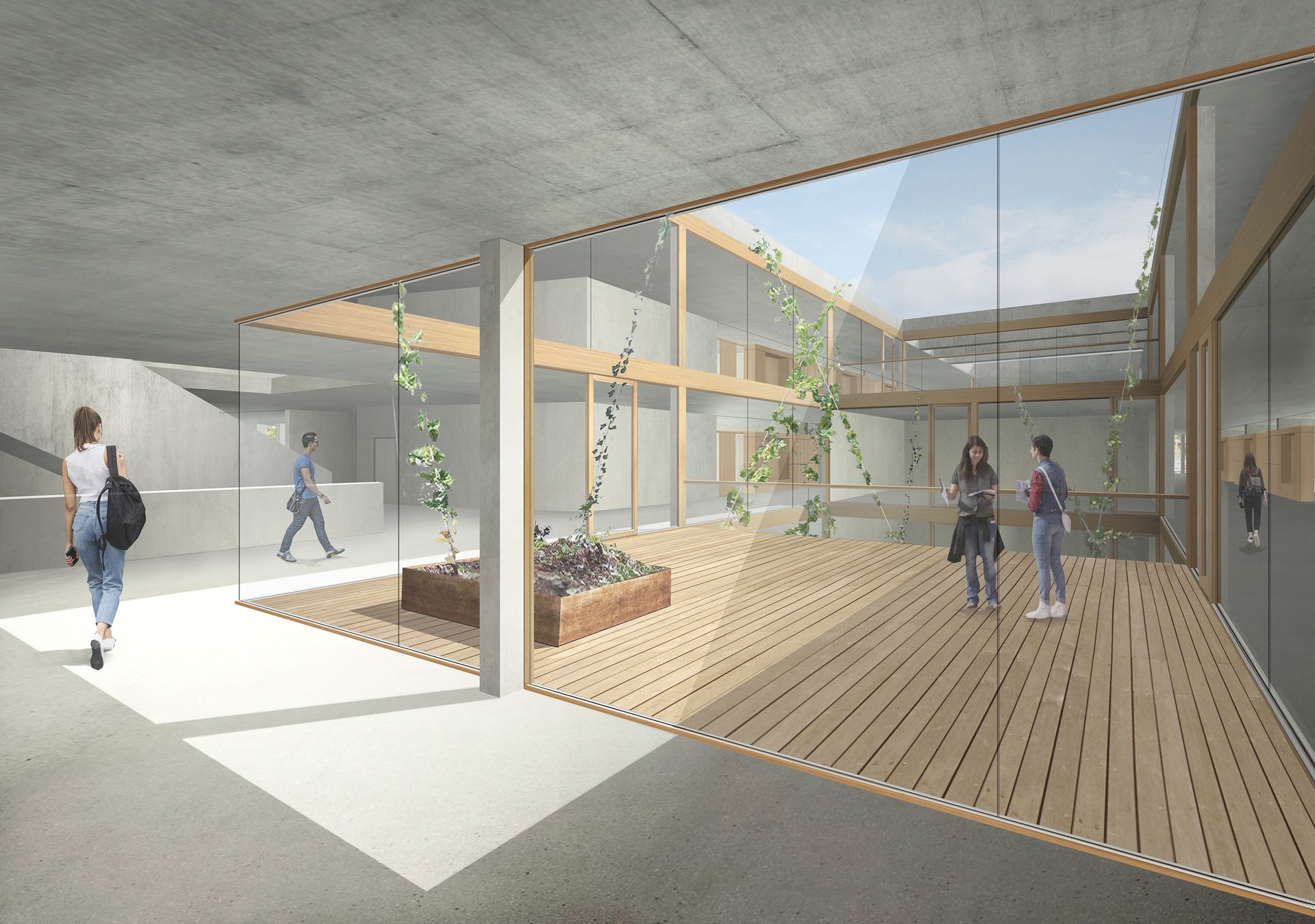 Interno di un edificio moderno con pareti in vetro, pavimento in legno e persone che camminano. All'interno delle piante.