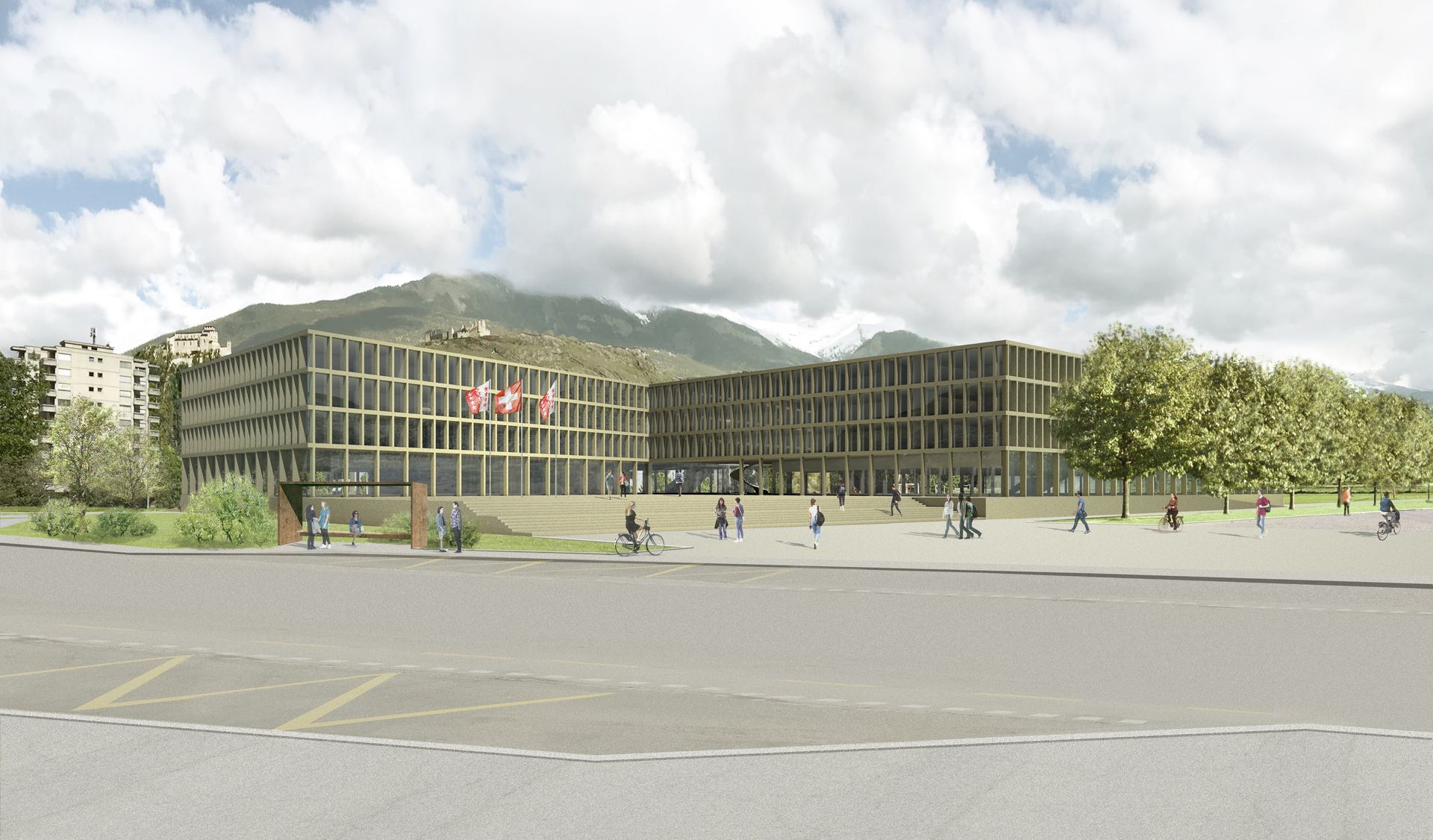 Grande edificio moderno con bandiere svizzere, persone e montagne sullo sfondo.