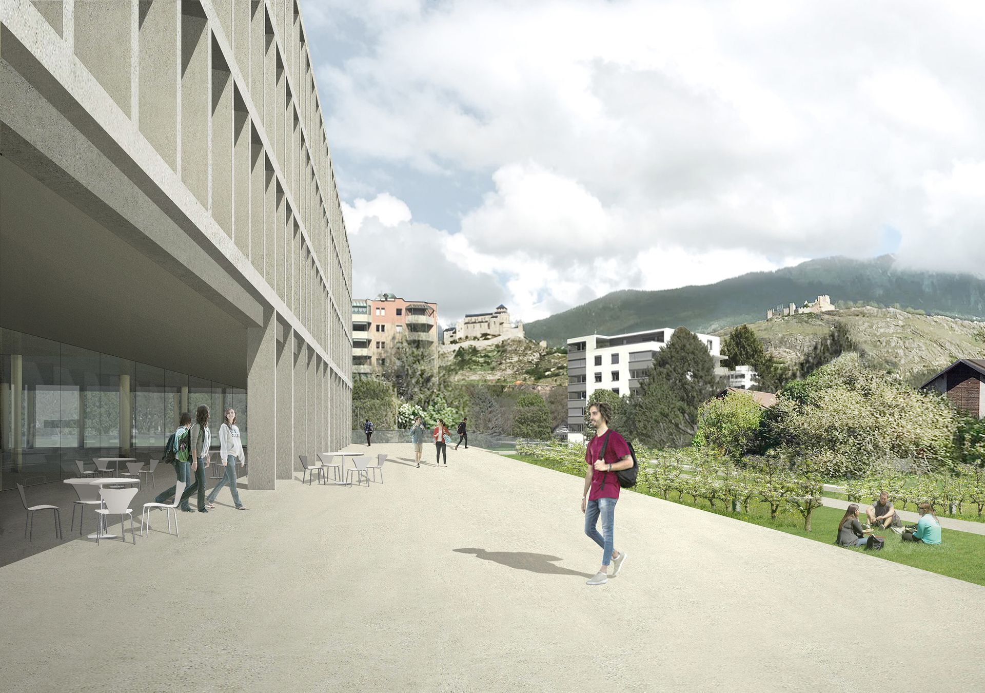 Esterno di un edificio moderno con facciata in cemento. Persone che camminano in una piazza con montagne sullo sfondo.