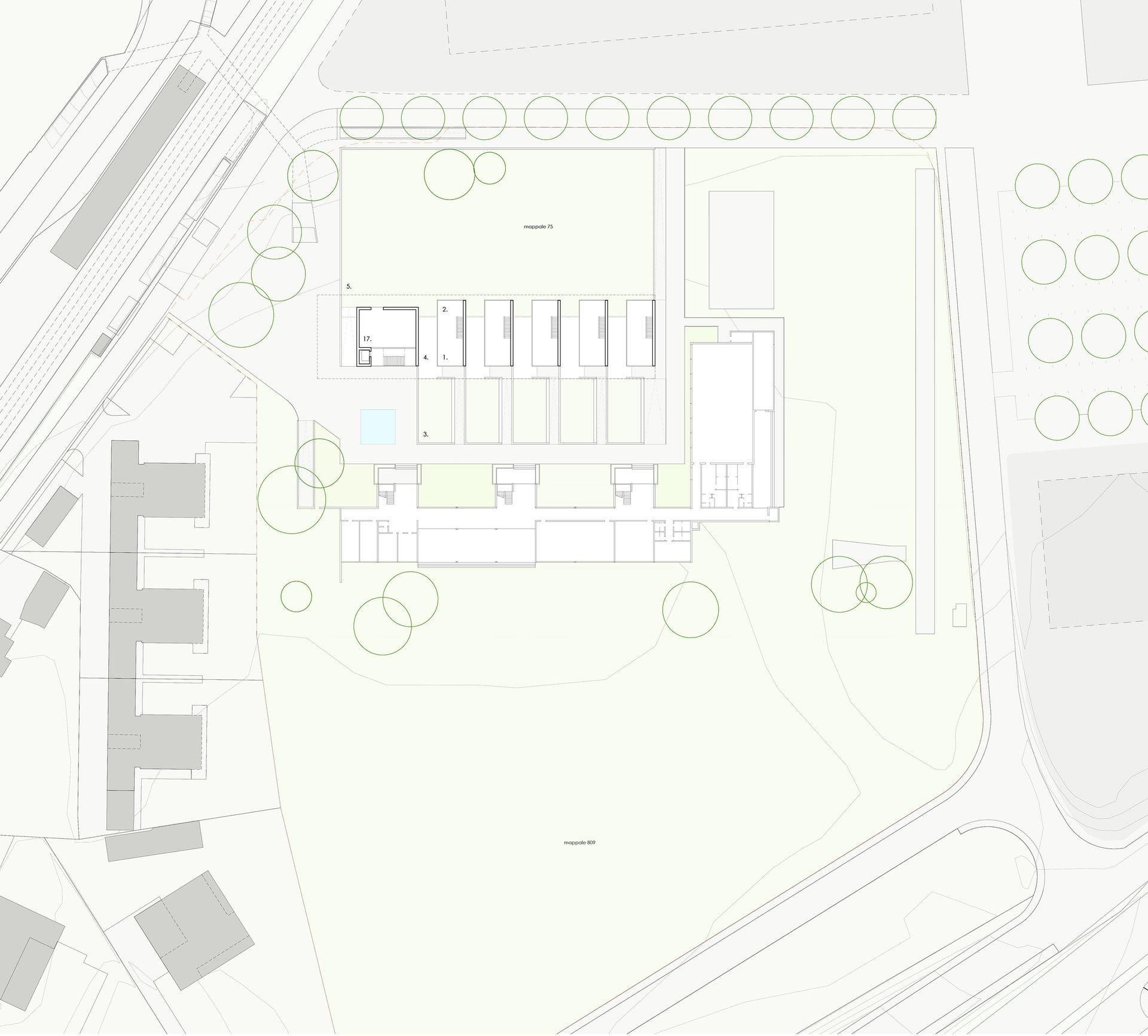 Planimetria architettonica dall'alto su sfondo verde chiaro, circondato da altre strutture.