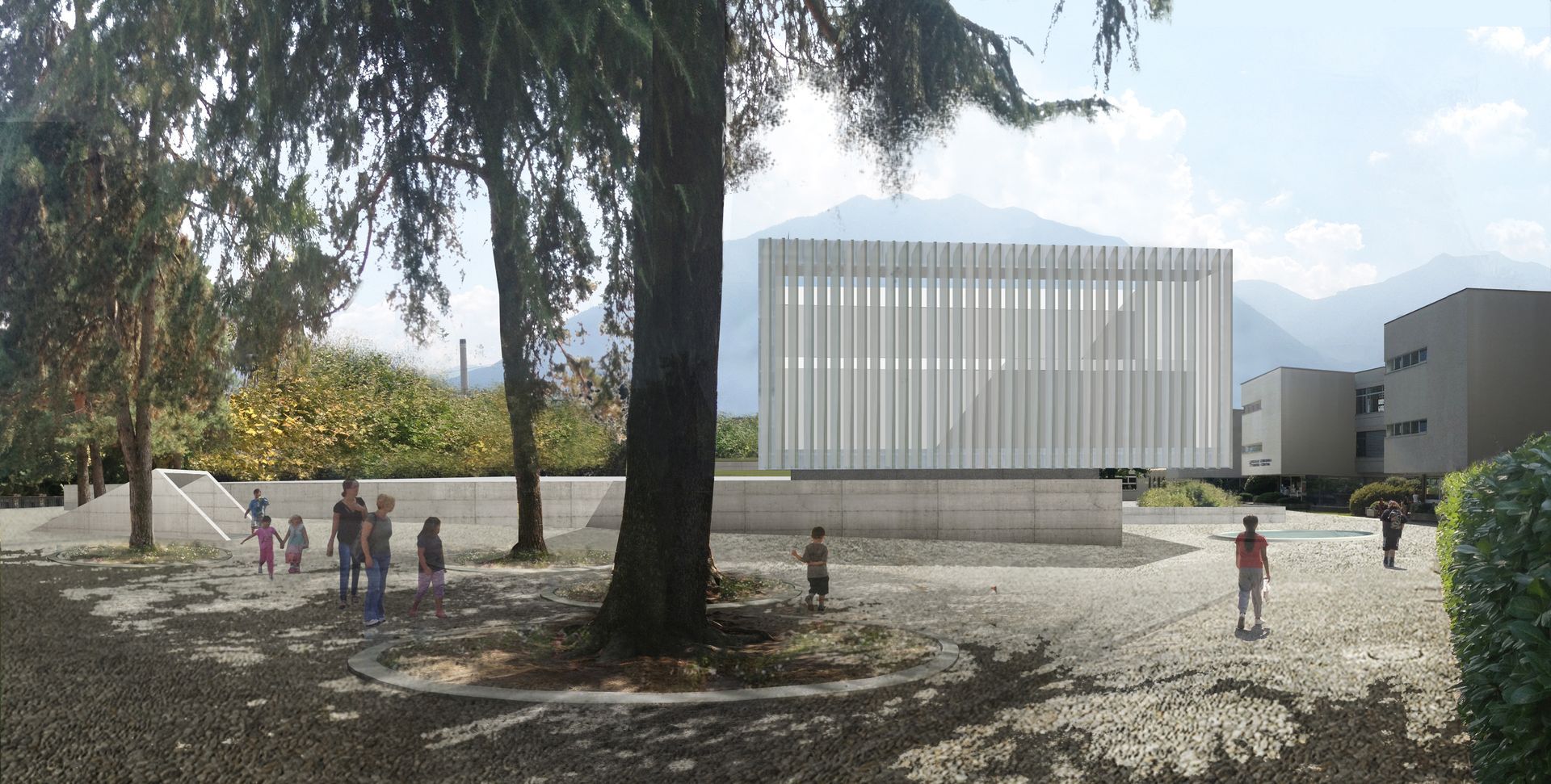 Edificio moderno con facciata bianca e barre verticali, alberi e persone in un ambiente simile a un parco.