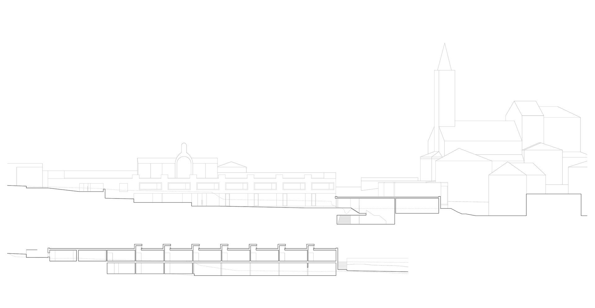 Sezione architettonica con pareti, porte e stanze disposte in un lungo schema orizzontale.