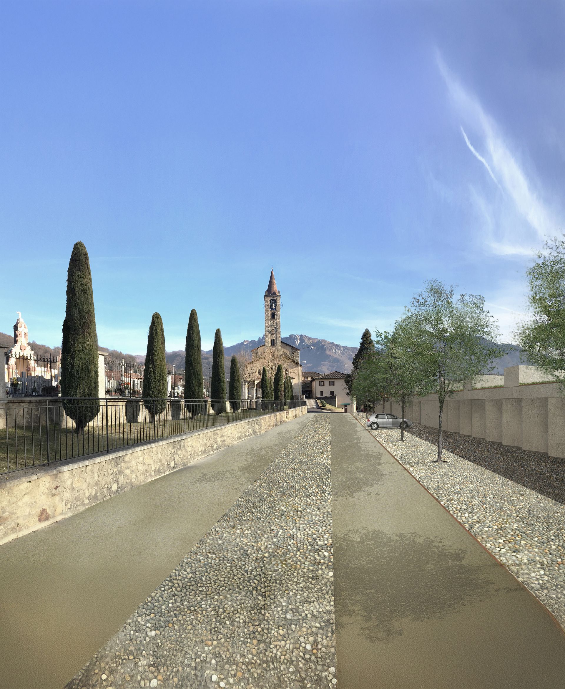 Una strada acciottolata conduce alla chiesa con la sua alta torre, fiancheggiata da cipressi sotto il cielo azzurro.