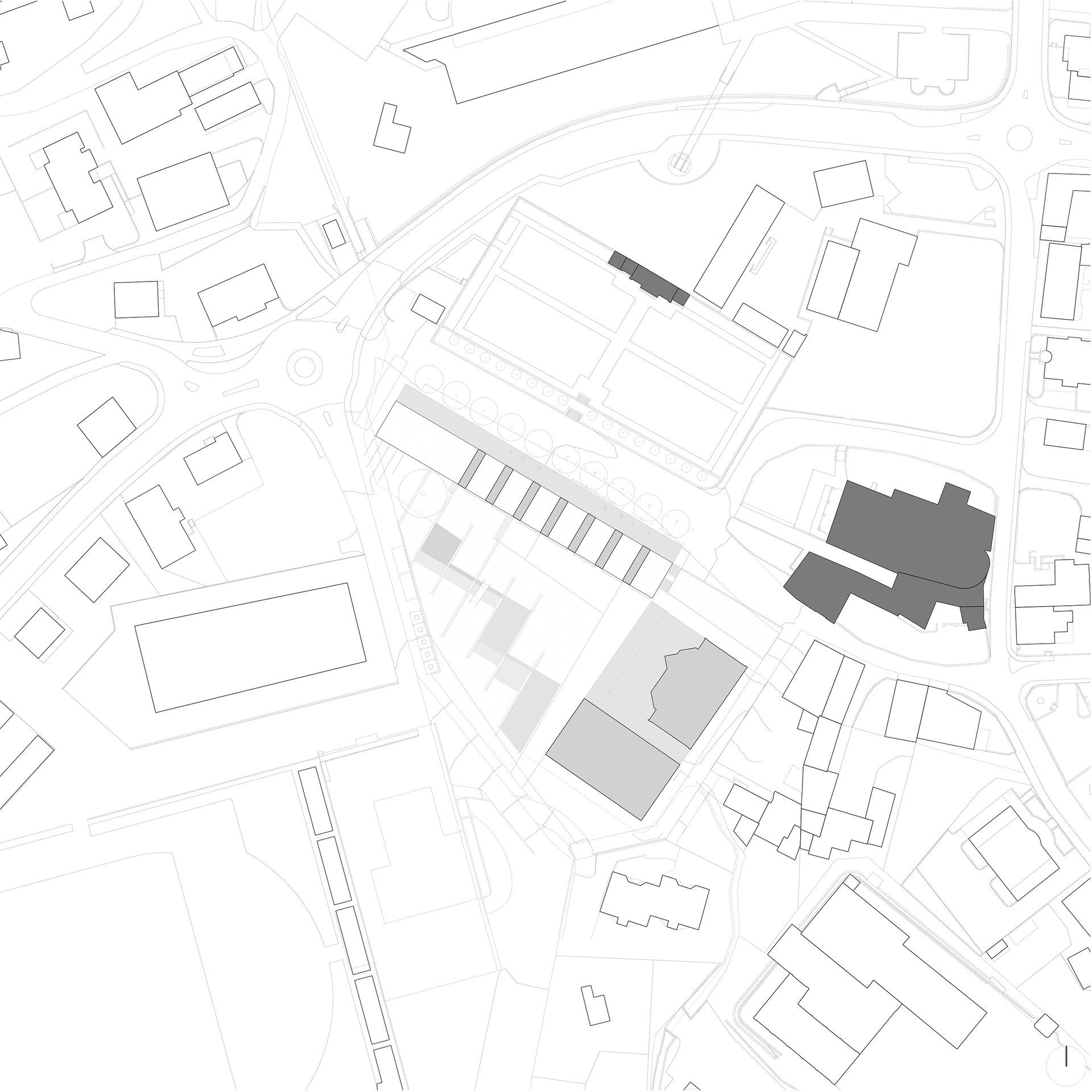Mappa urbana che mostra edifici e strade, rappresentati in tonalità di grigio.