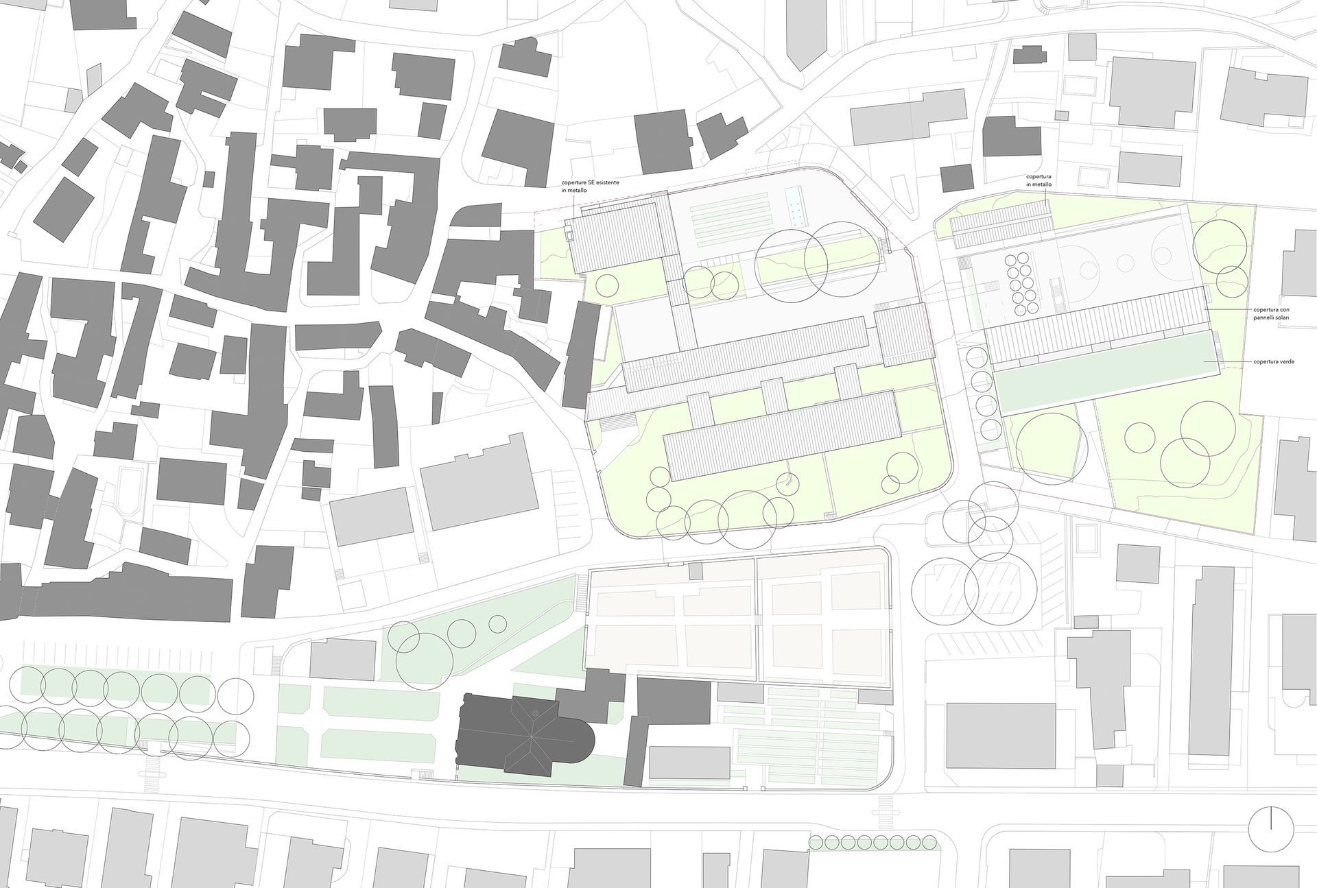 Mappa degli edifici e degli spazi verdi, prevalentemente grigi e bianchi con qualche tocco di verde chiaro.