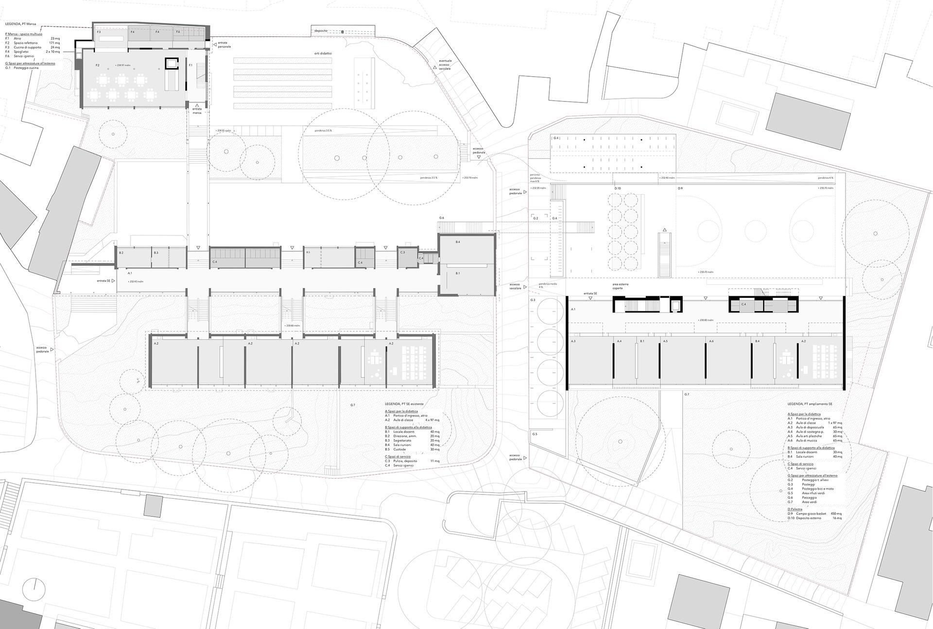 Planimetria architettonica di un edificio con più strutture rettangolari e dettagli dell'area circostante.