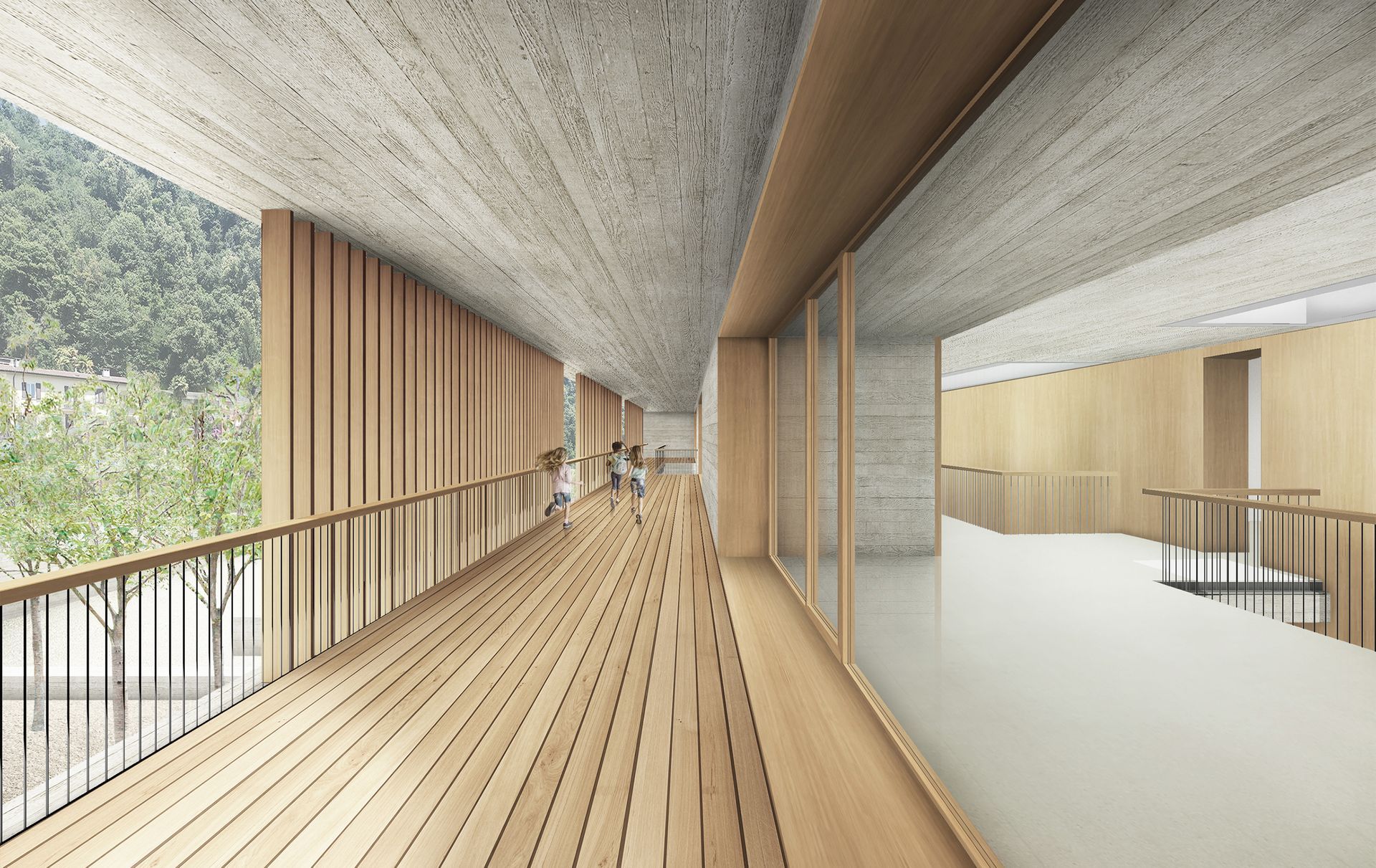 Prospettiva interna di un balcone in legno con soffitto in cemento e finestre in vetro che si affacciano su uno spazio verde.