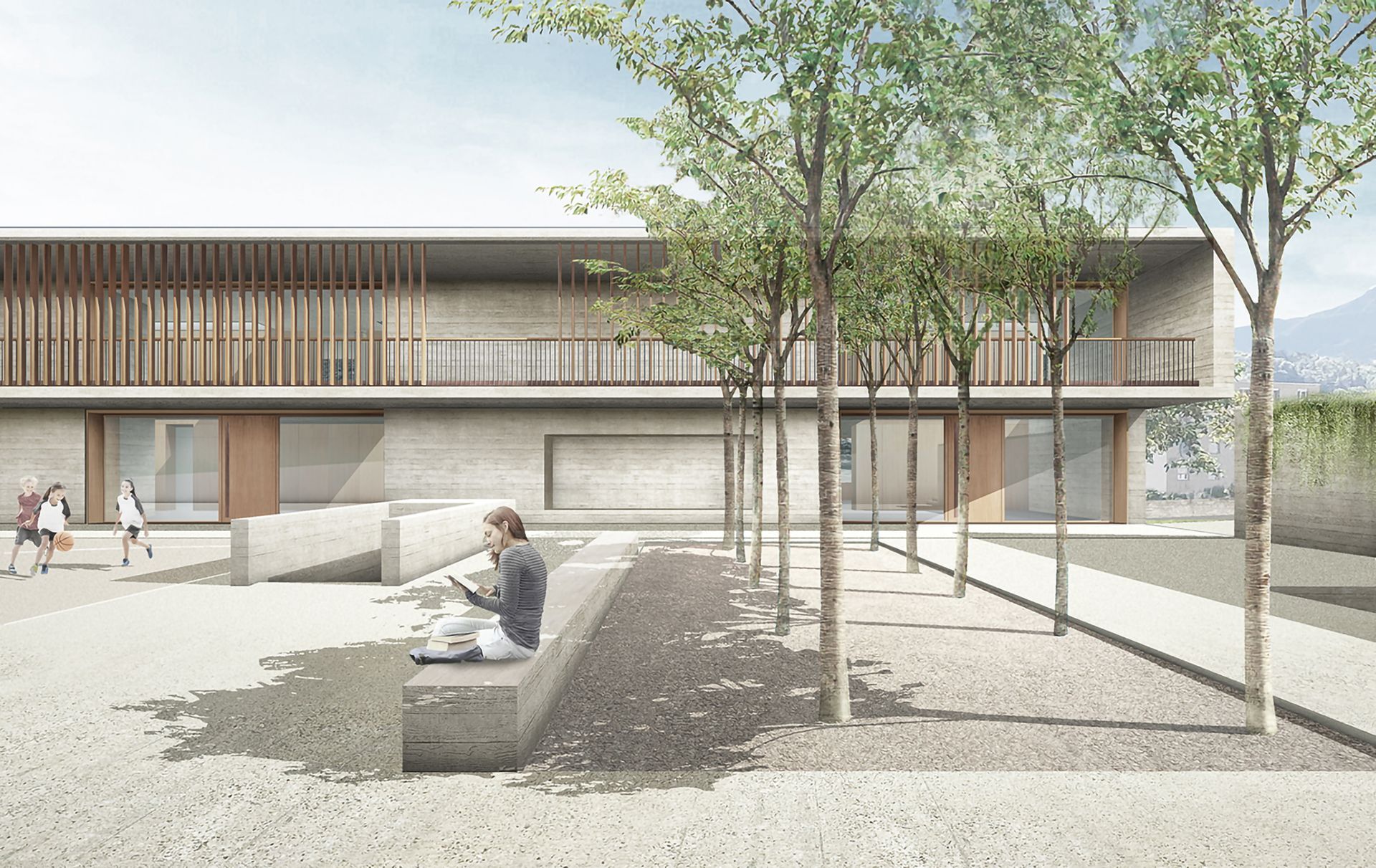 Rendering esterno di un edificio moderno con alberi e un'area salotto. Persone che passeggiano nelle vicinanze.