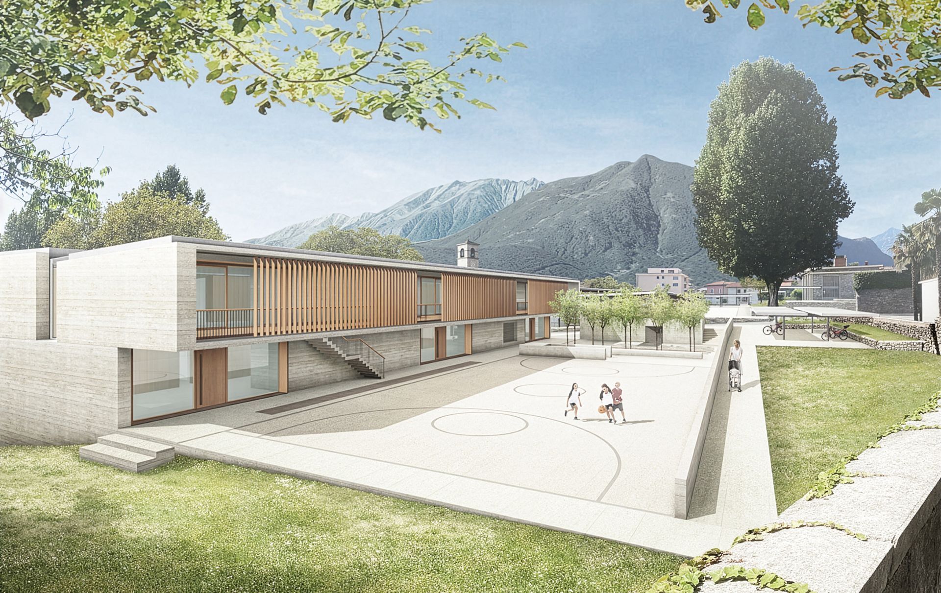 Rendering architettonico di un edificio moderno con un'ampia piazza esterna, montagne sullo sfondo e circondato da alberi.