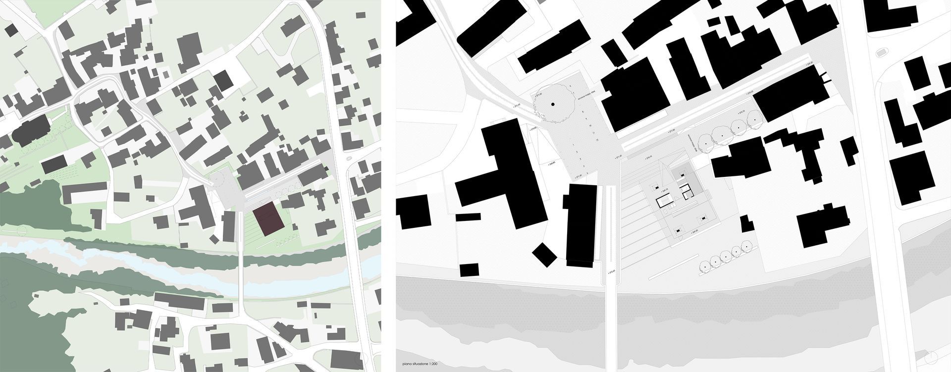 Tre mappe affiancate di una città. La prima mostra edifici e aree verdi, la seconda e la terza mostrano gli edifici in nero.