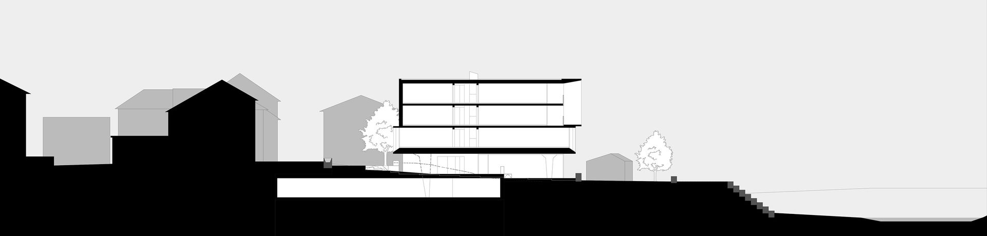 Disegno in sezione architettonica a più piani su un terreno in pendenza, struttura con tetto piano, circondata da alberi.