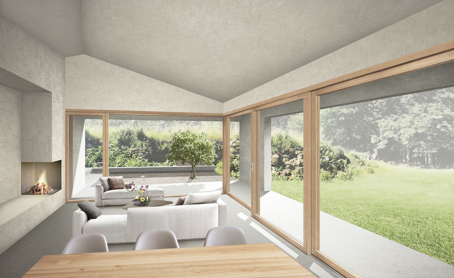 Soggiorno moderno con ampie finestre, camino e vista sul giardino.