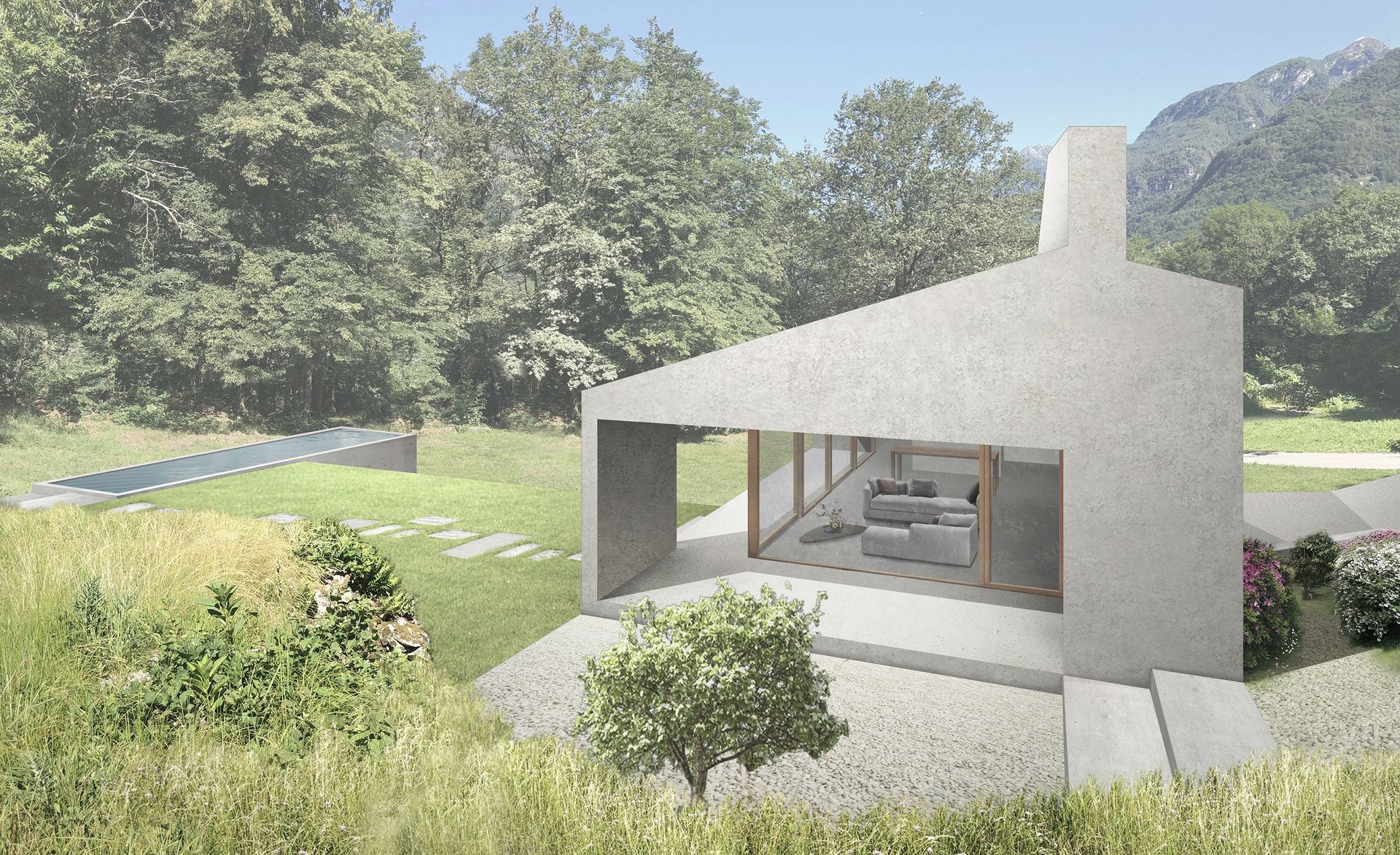 Moderna casa in cemento con tetto spiovente, pareti in vetro, gradini e piscina immersa nel giardino.