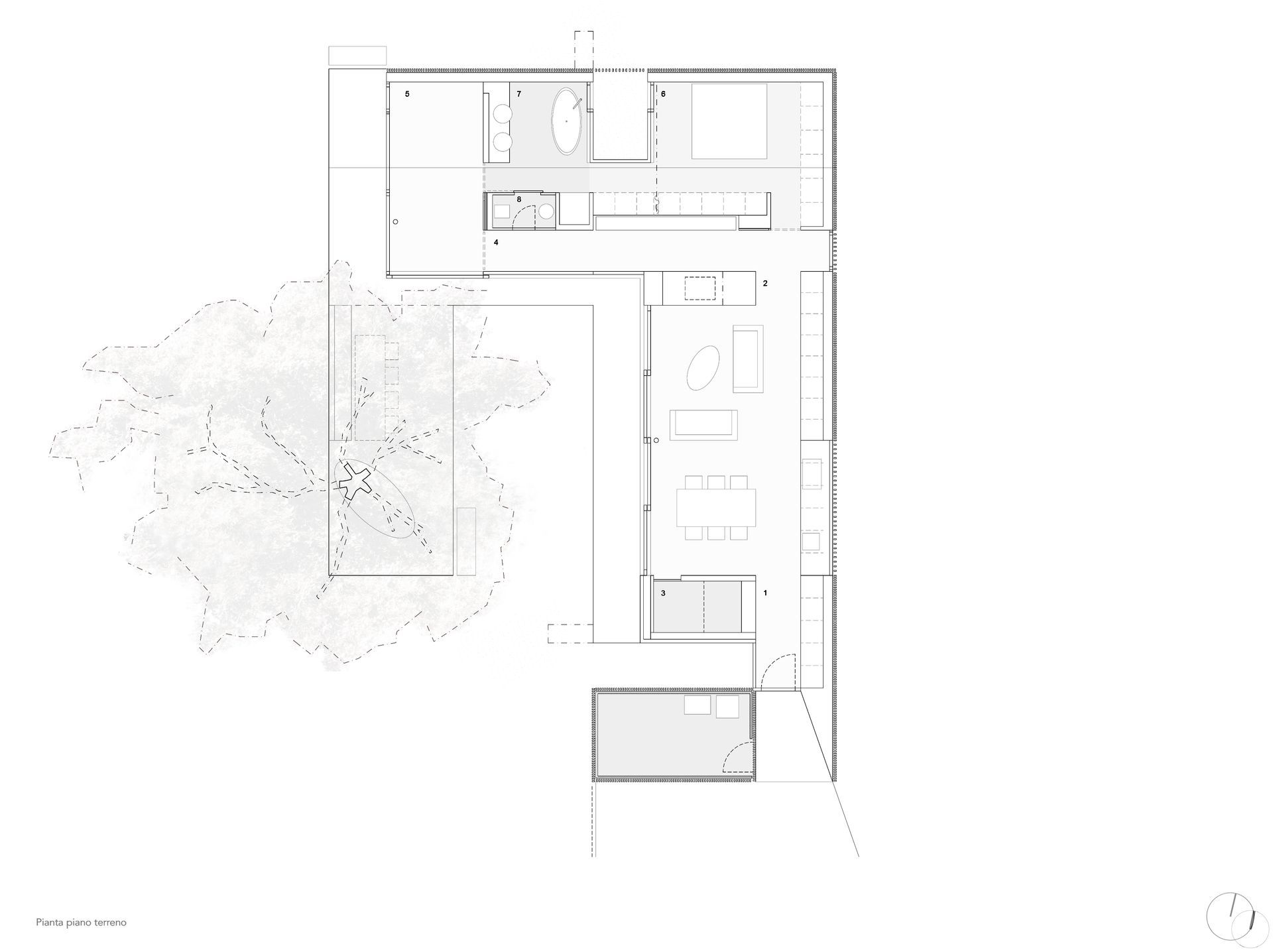 Planimetria architettonica di una casa moderna, che mostra le stanze e la disposizione; esterno con un albero.