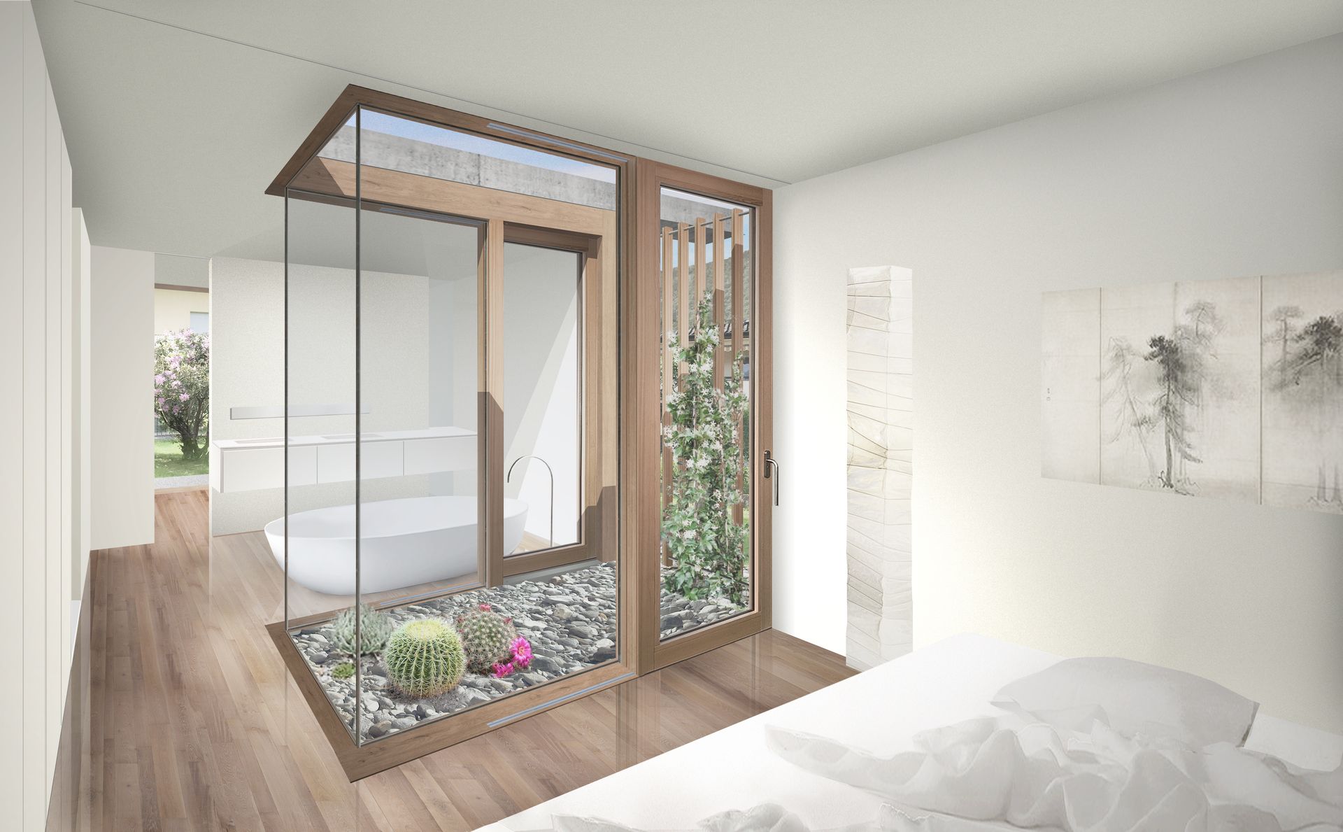 Camera da letto con una vetrata con cornice in legno che racchiude un piccolo giardino di piante e rocce; dietro il bagno.