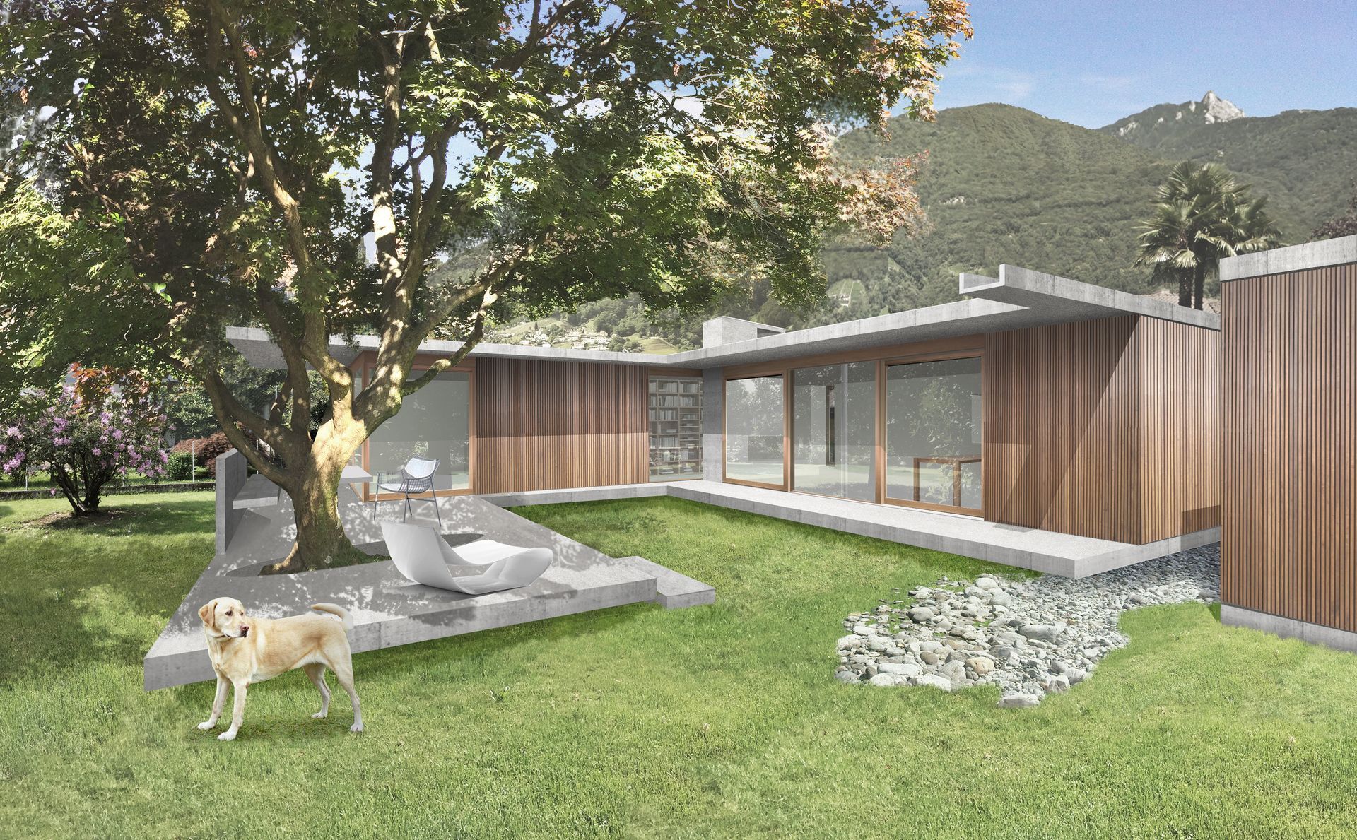 Casa moderna con facciata in legno, prato verde e montagne sullo sfondo; un cane è in giardino.