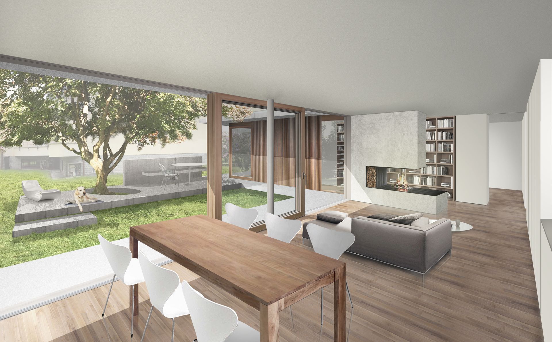 Soggiorno moderno con tavolo da pranzo, camino e ampie finestre con vista sul giardino.