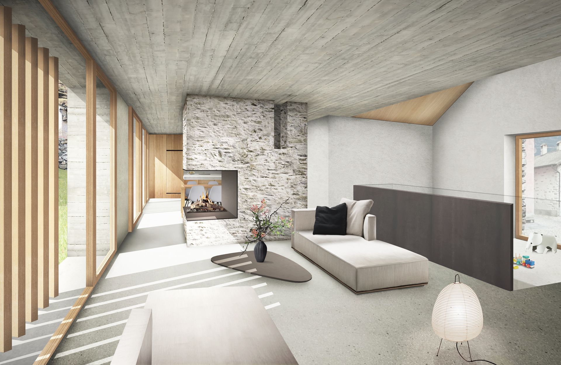 Soggiorno moderno con camino, divano e ampia finestra con pali in legno