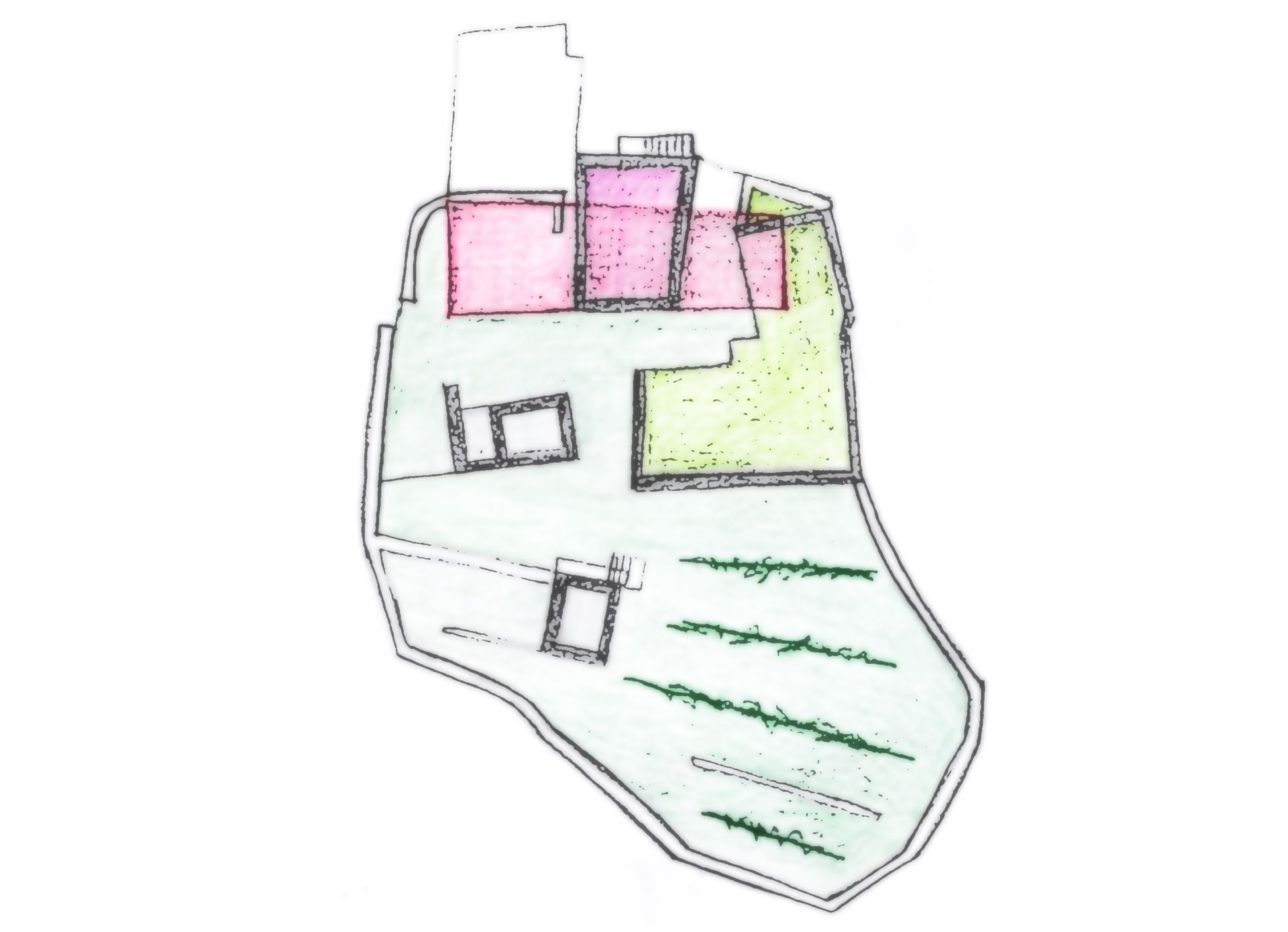 Pianta architettonica con aree colorate: blocchi rosa, spazio verde aperto e file di linee verdi, su sfondo bianco.