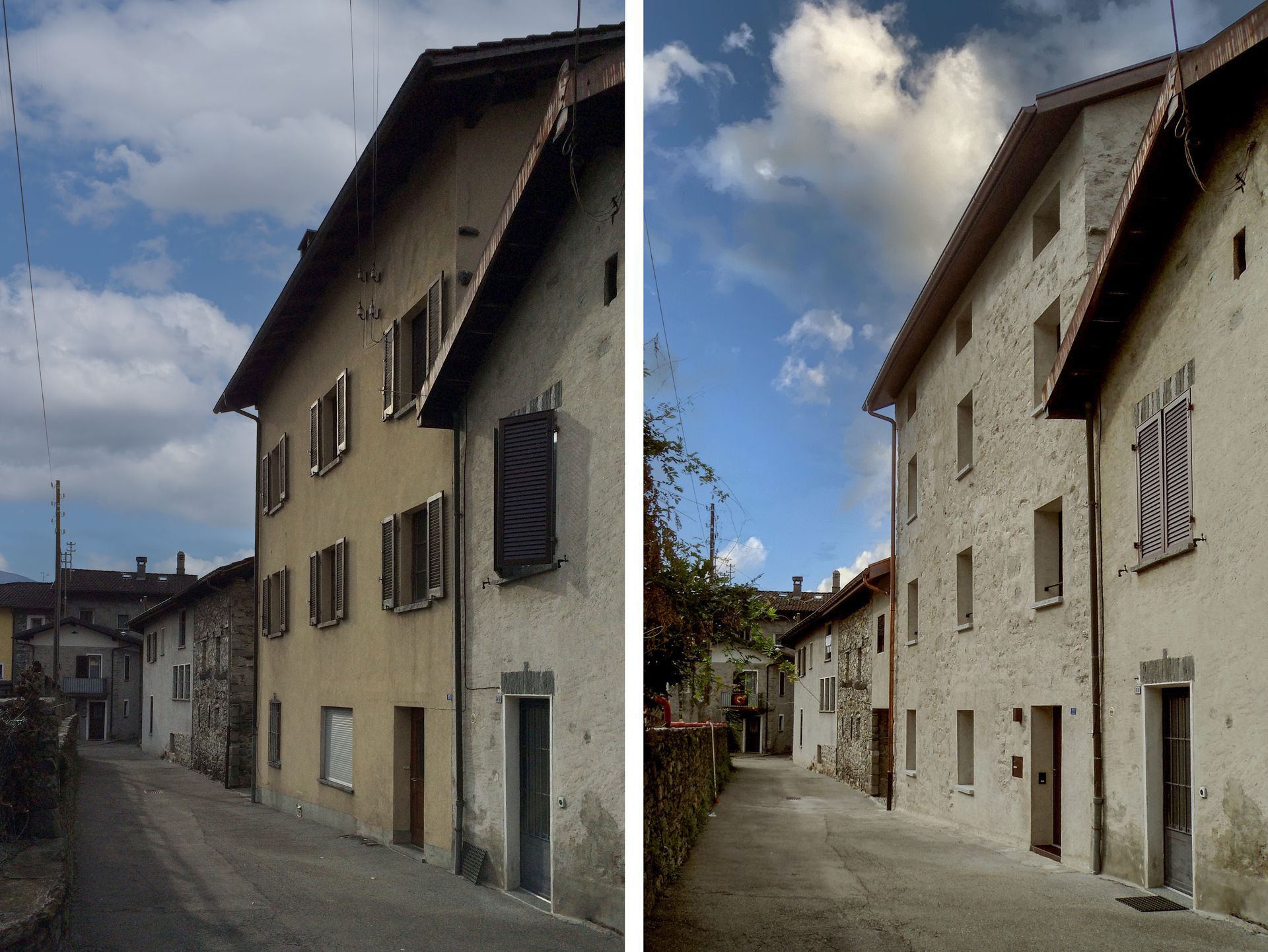 Due immagini di un edificio prima e dopo i lavori, su una strada sotto un cielo nuvoloso. Facciate con rifiniture diverse.