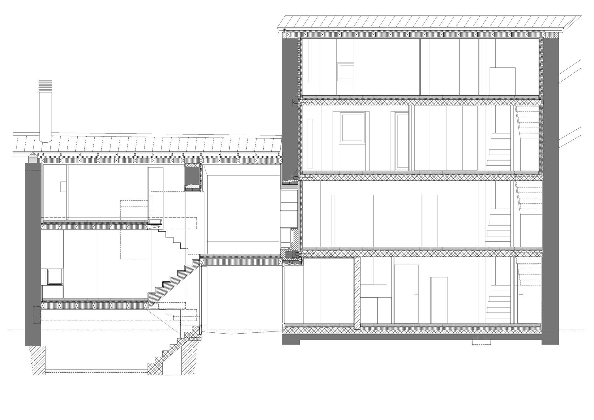 Sezione trasversale architettonica di un edificio a due piani con scale, stanze e dettagli del tetto.