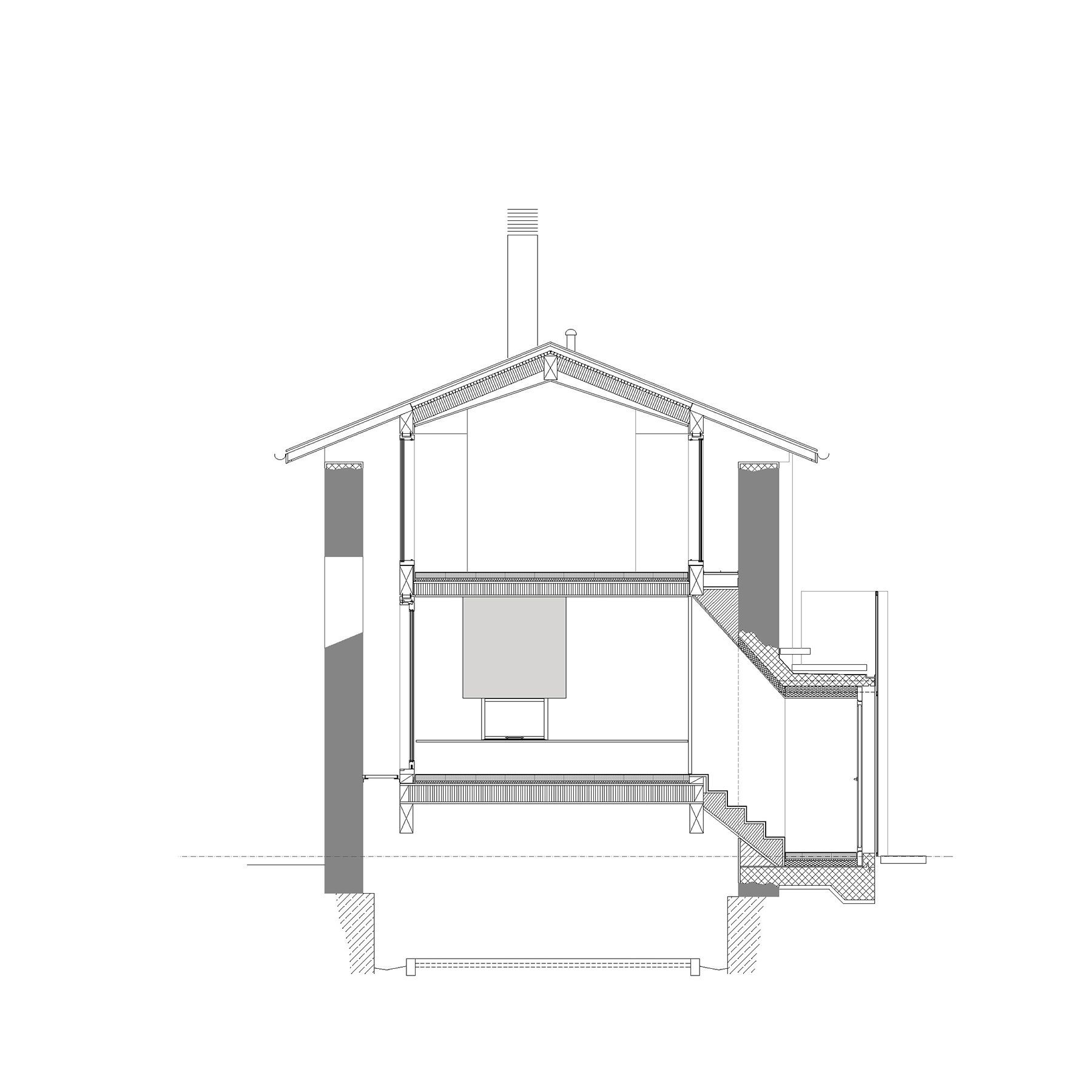 Sezione trasversale architettonica di un edificio che mostra il tetto, i pavimenti, le scale e i dettagli strutturali.