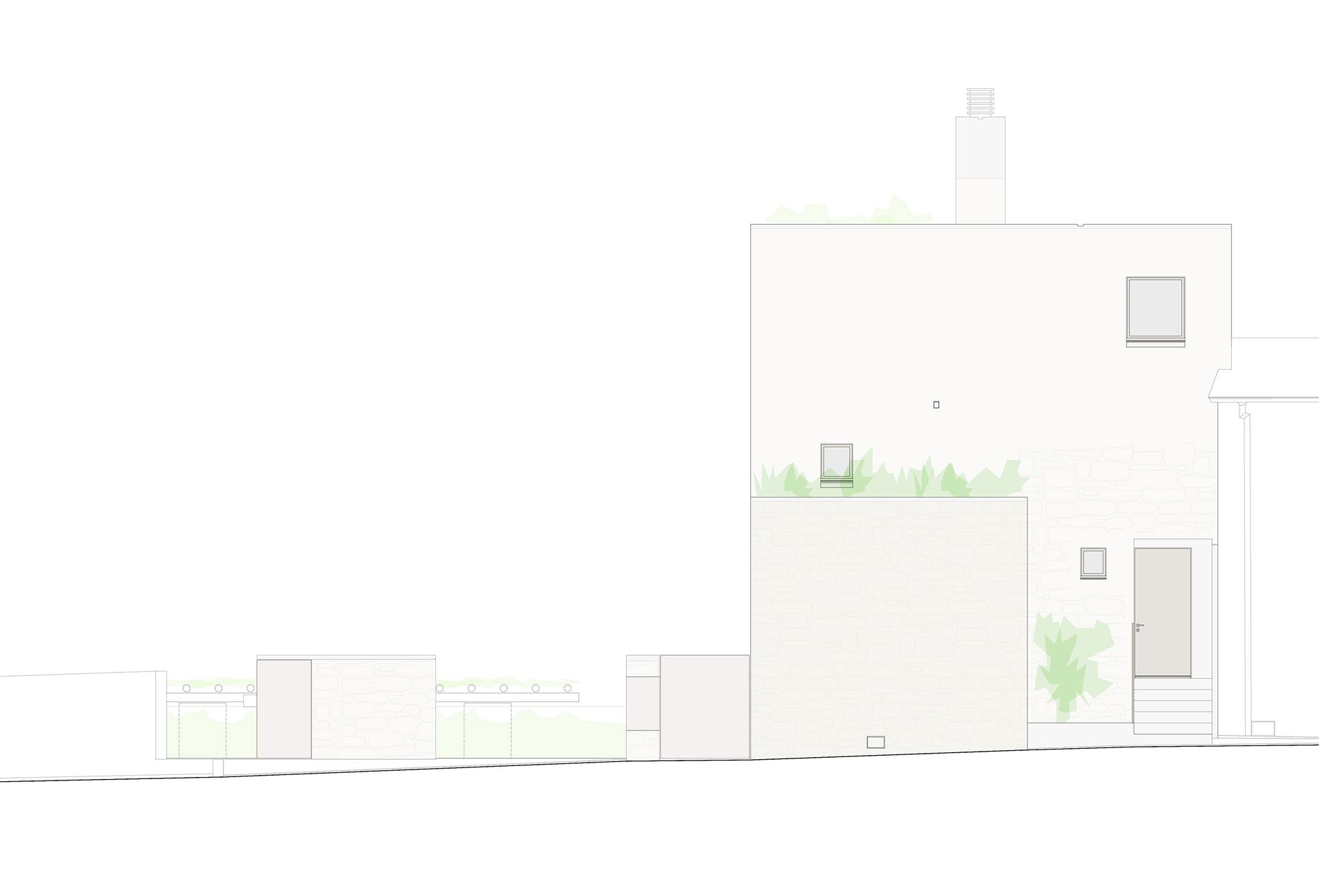 Un edificio moderno e bianco con giardino pensile e camino.