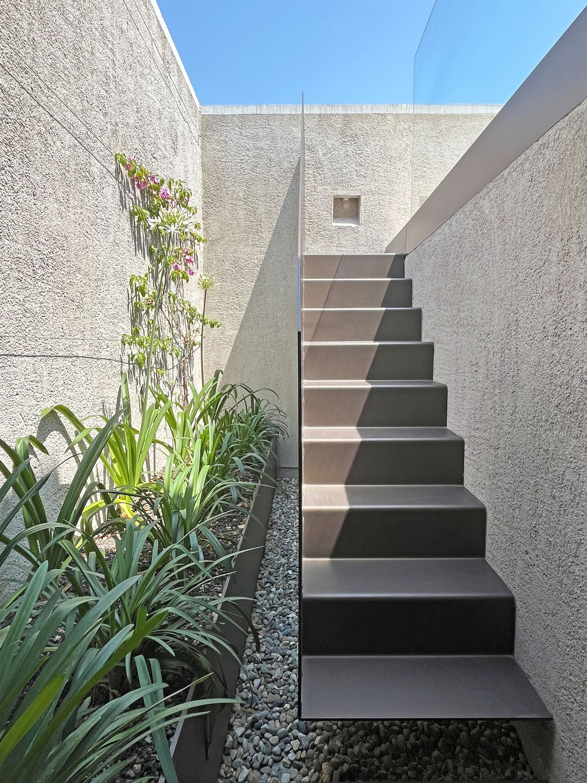 Scala che sale tra pareti ruvide in cemento. Sulla sinistra si trova una striscia di piante. Giornata di sole.