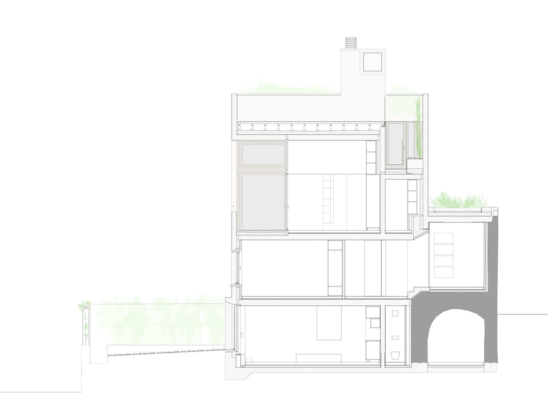 Disegno in sezione architettonica di un edificio, che mostra i livelli interni, un ingresso ad arco e un giardino pensile.