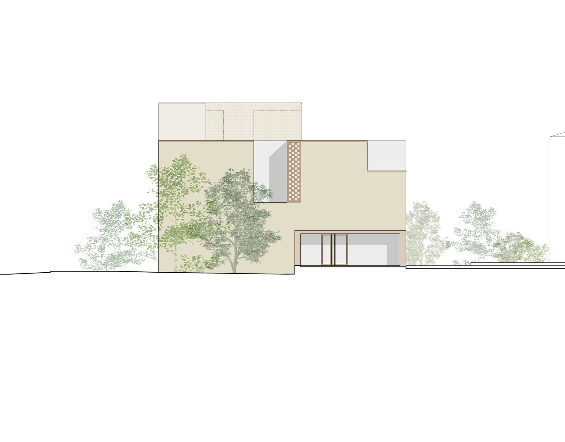 Moderno edificio beige con moduli rettangolari sovrapposti, alberi e un piccolo patio.
