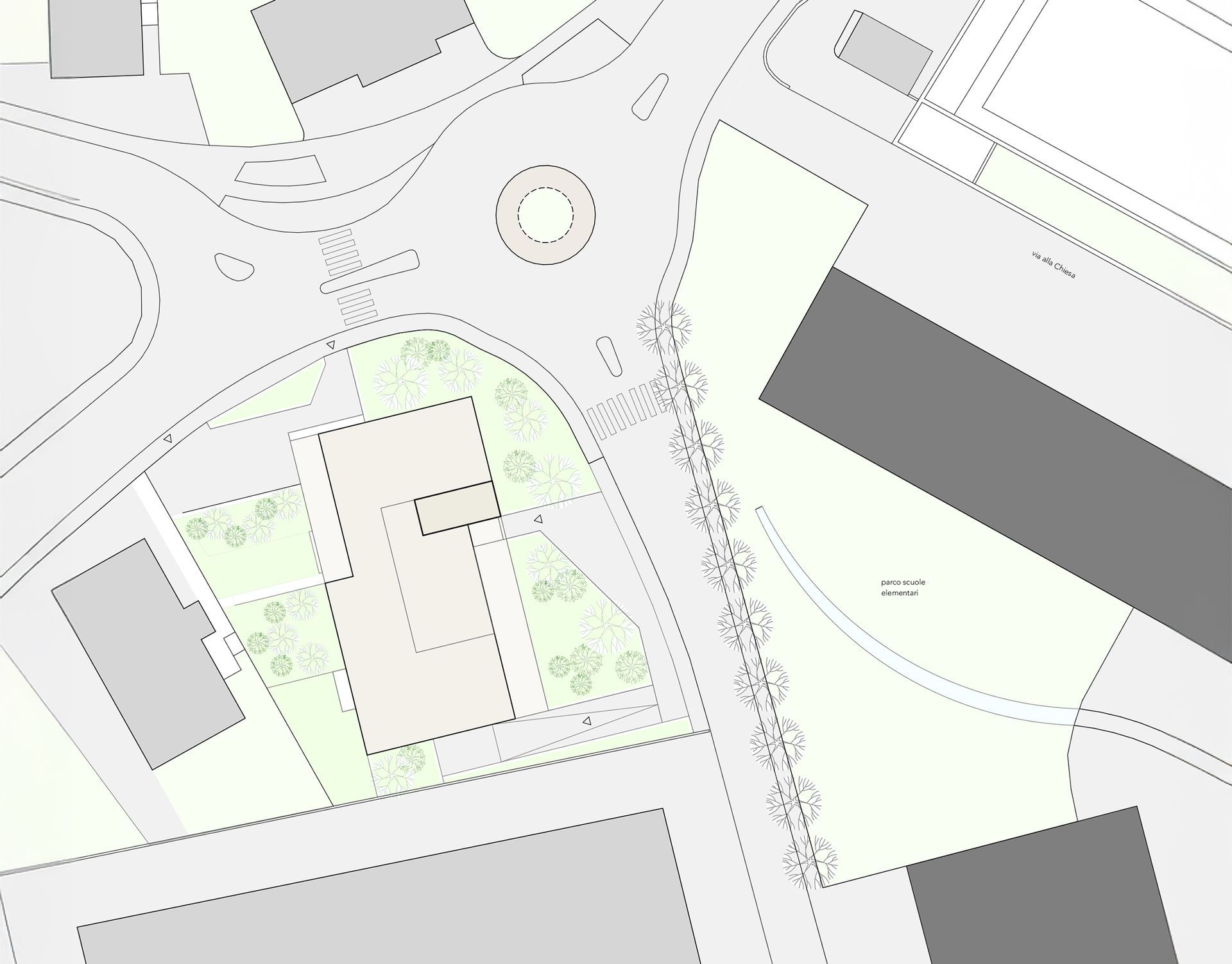 Vista dall'alto di una piazza cittadina con edifici, alberi, una rotonda e strade nei toni del grigio chiaro e del verde.