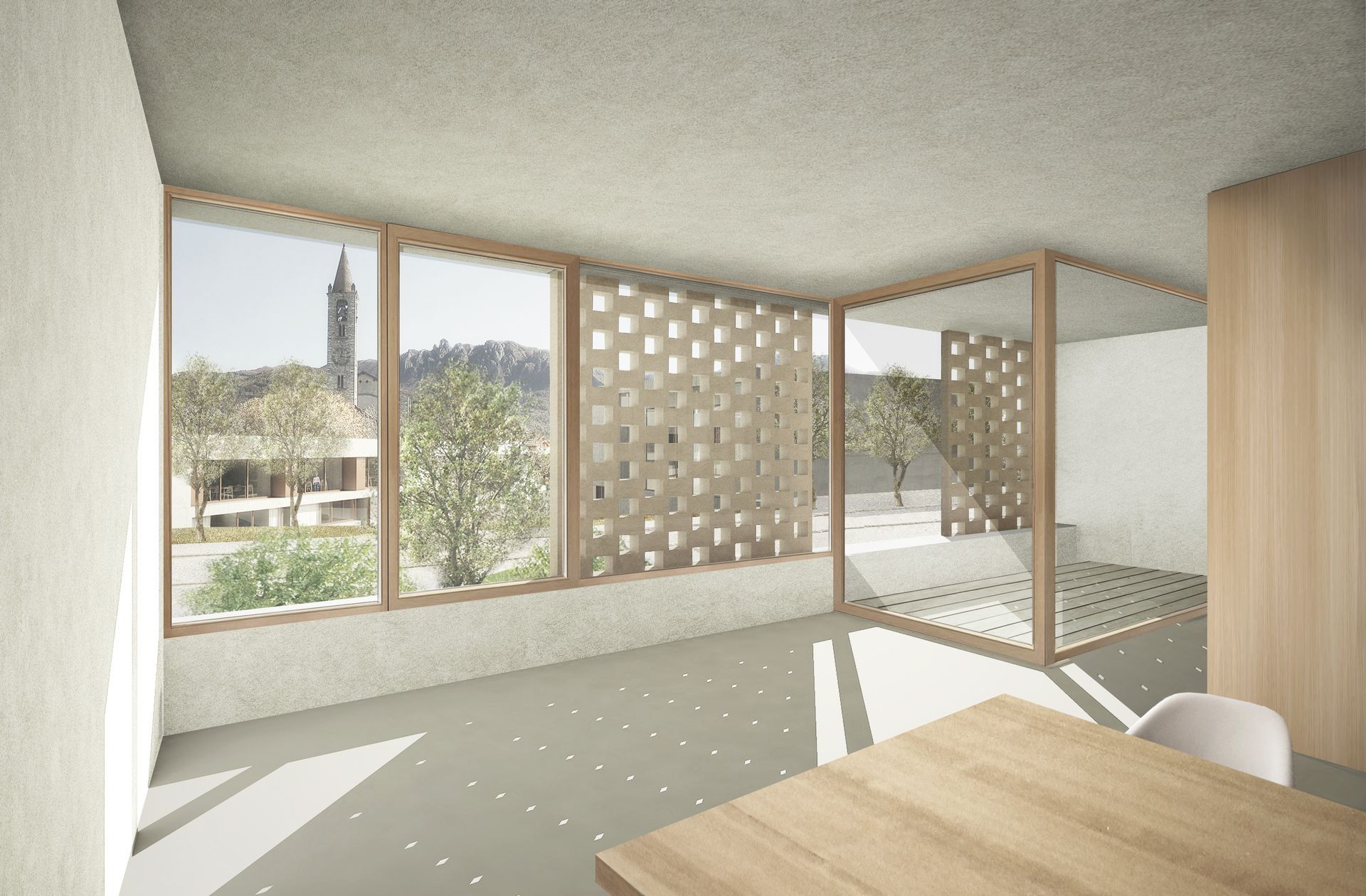 Vista interna di una stanza moderna con ampie finestre, una parete a traliccio e un tavolo in legno.