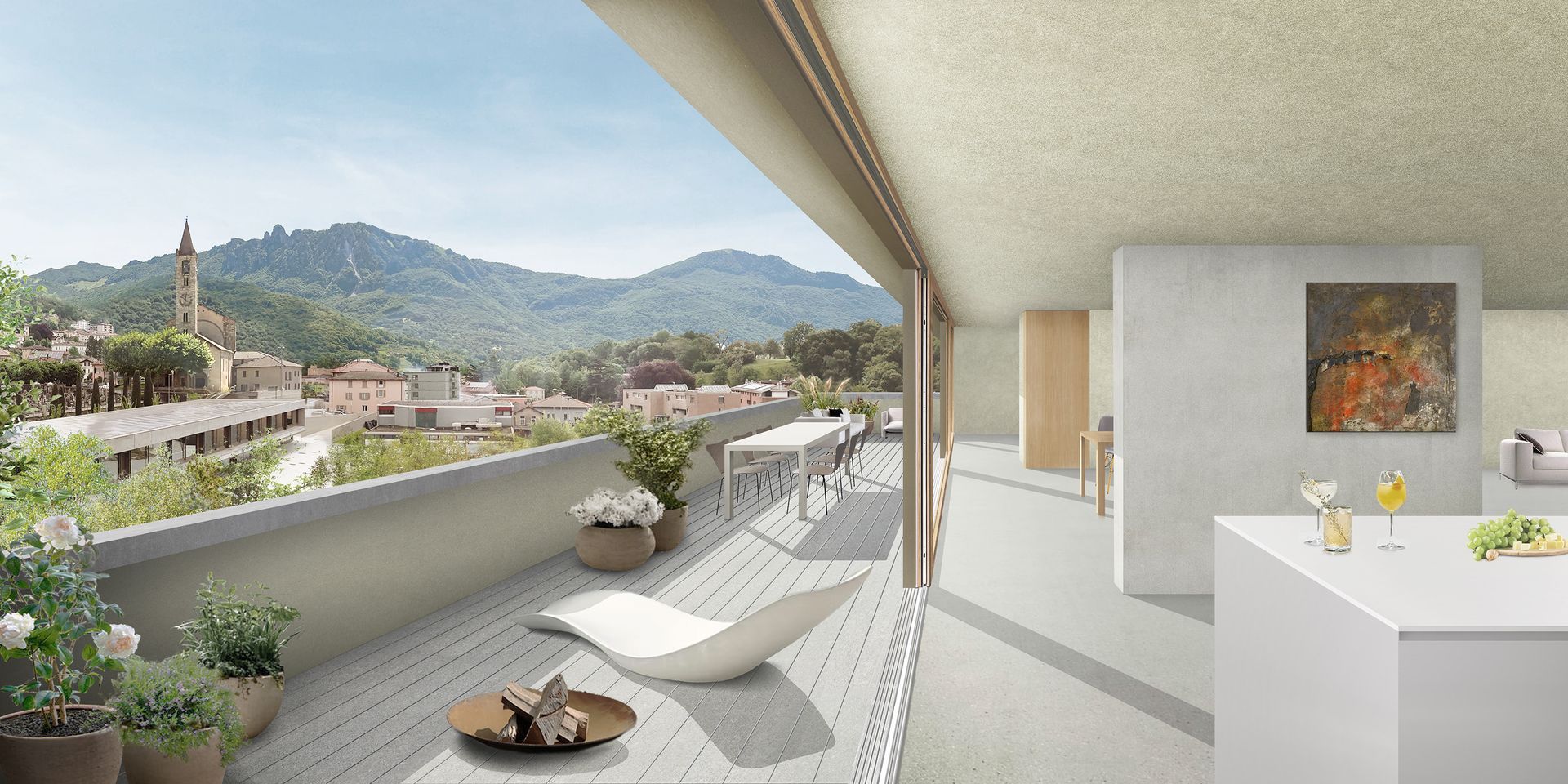 Balcone con vista su una città con montagne. Interni moderni con superfici bianche e opere d'arte.